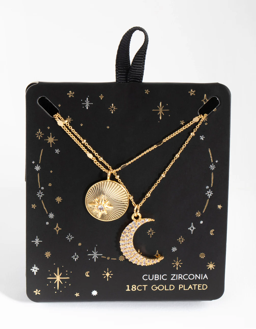 18ct Gold Plated Cubic Zirconia Moon & Coin Layered Necklace - Image 4