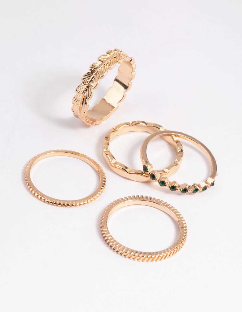 Gold Green Diamante & Leaf Rings 5-Pack