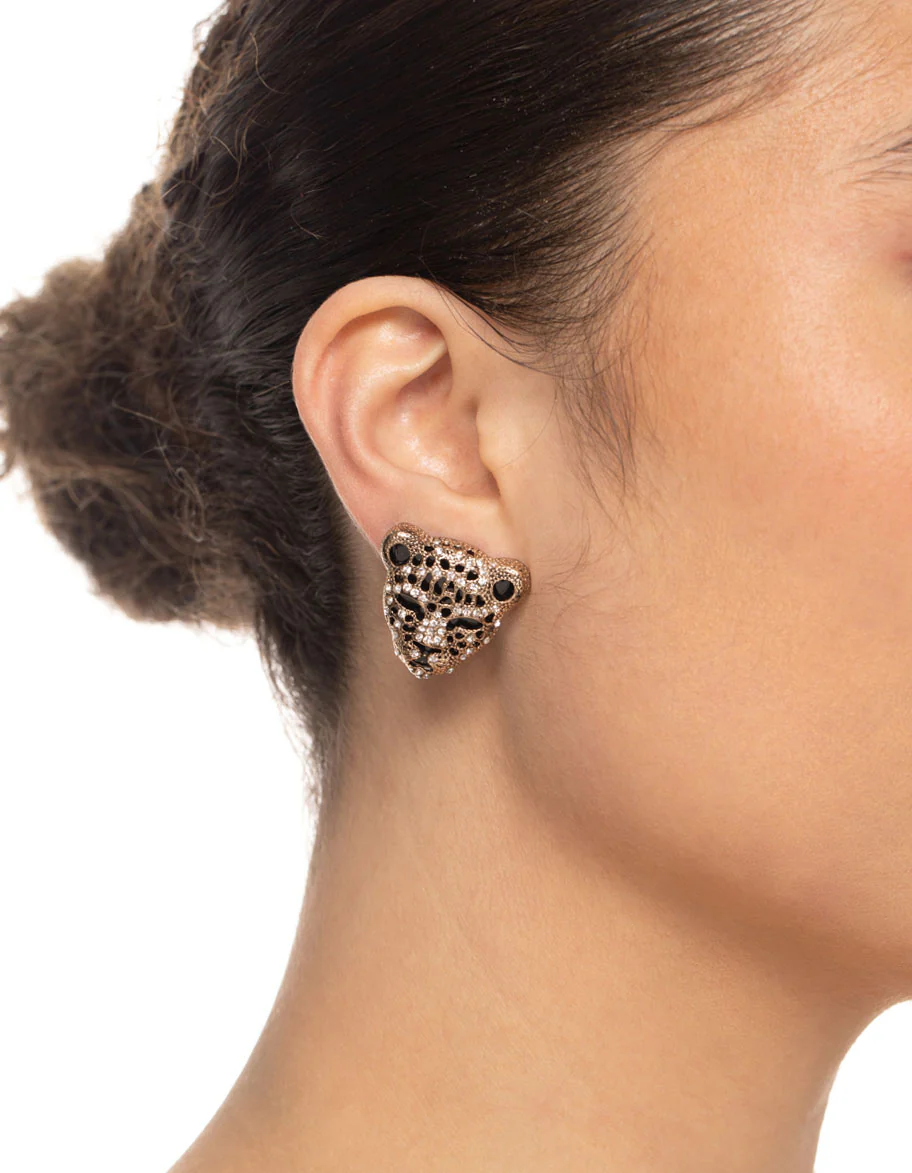 Gold Leopard Diamante Stud Earrings - Image 2