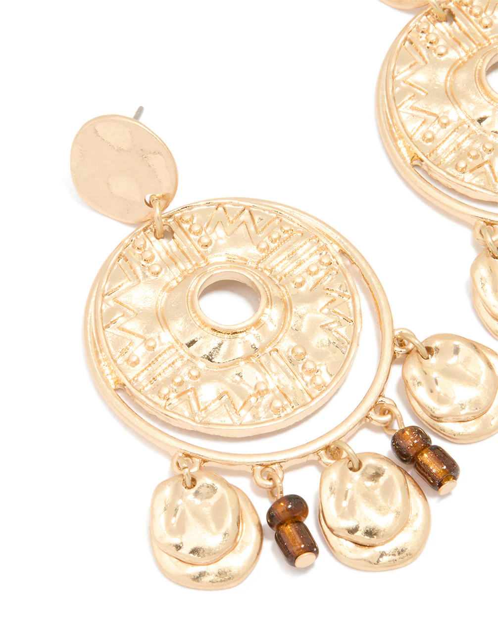 Antique Gold Brown Beaded Textured Circle Drop Earrings - Image 2