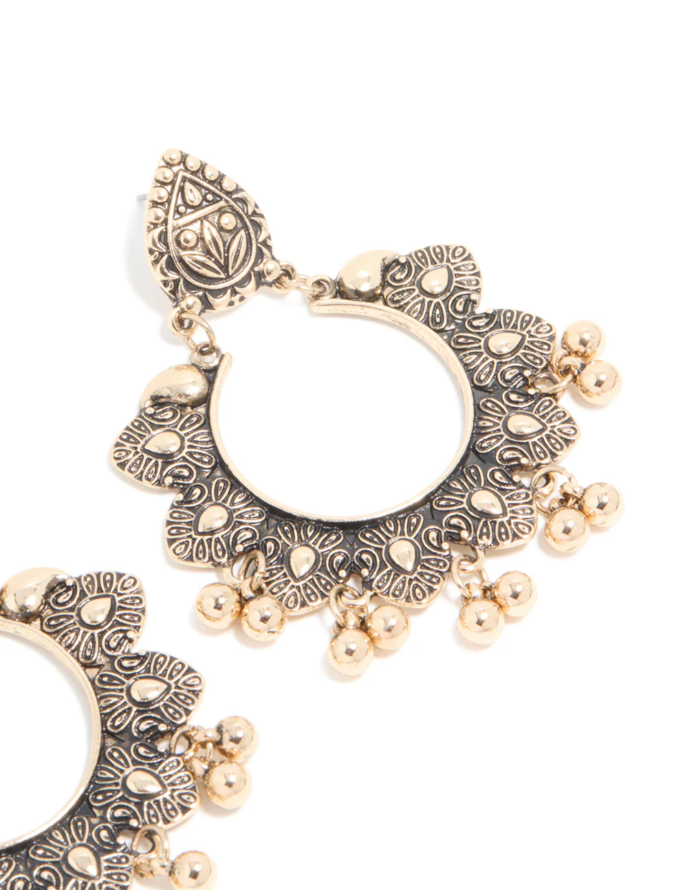 Antique Gold Circle Patterned Boho Drop Earrings - Image 5
