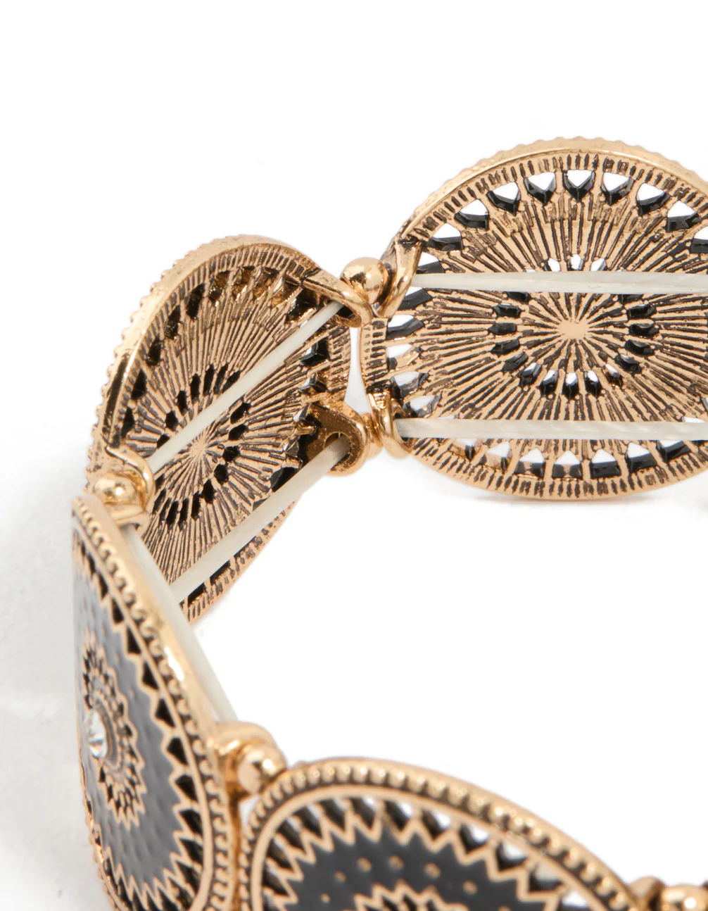 Antique Gold Diamante Centre Boho Disc Stretch Bracelet - Image 5