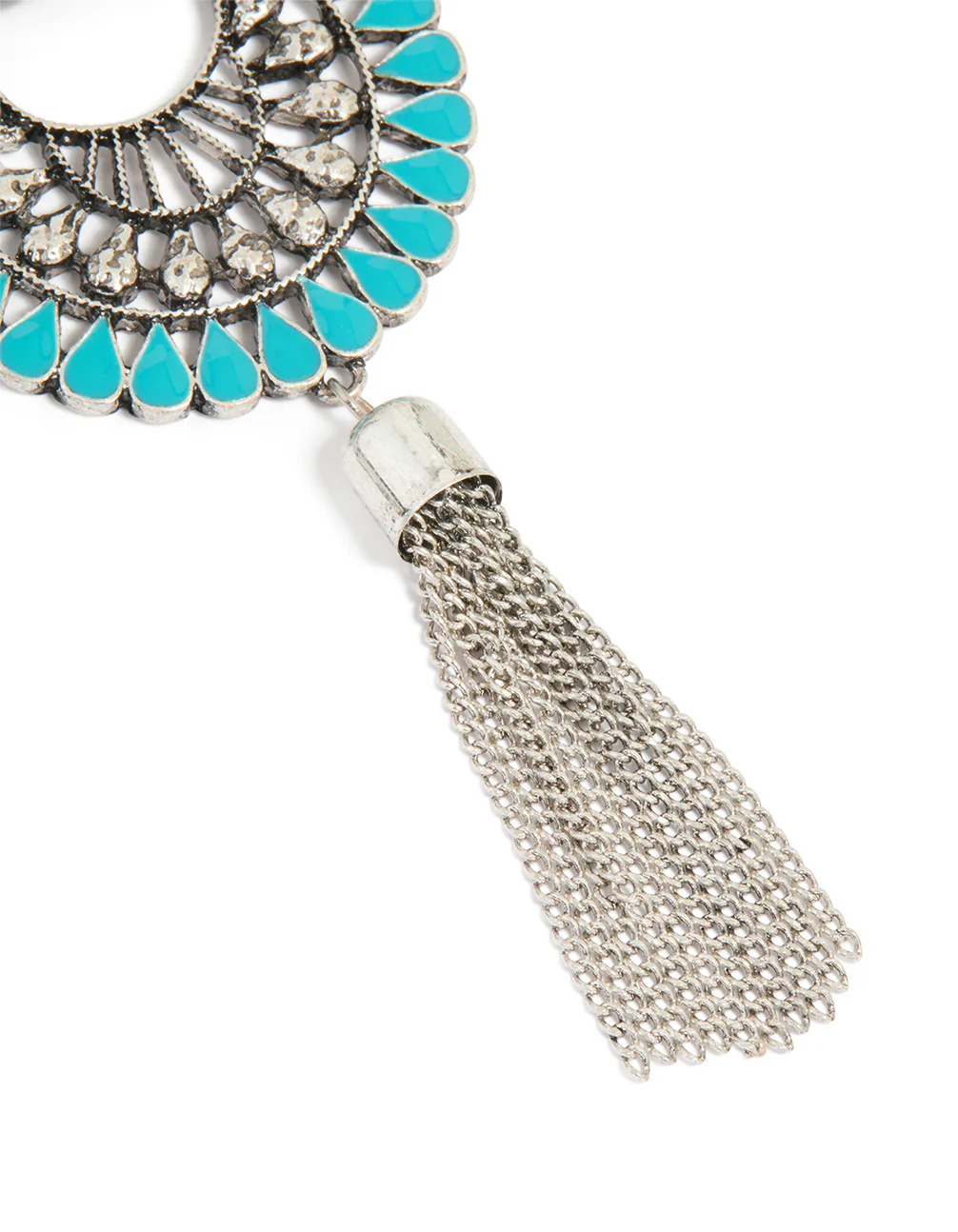Antique Silver Blue Round Western Tassel Drop Earrings - Image 3