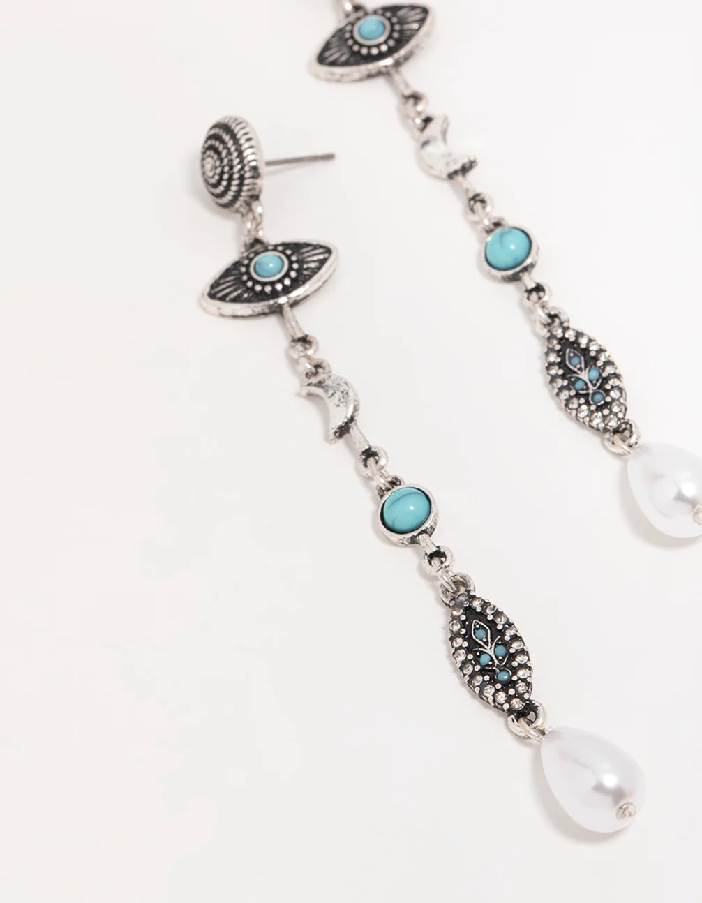 Antique Silver Pearl Turquoise Eye Drop Earrings - Image 4