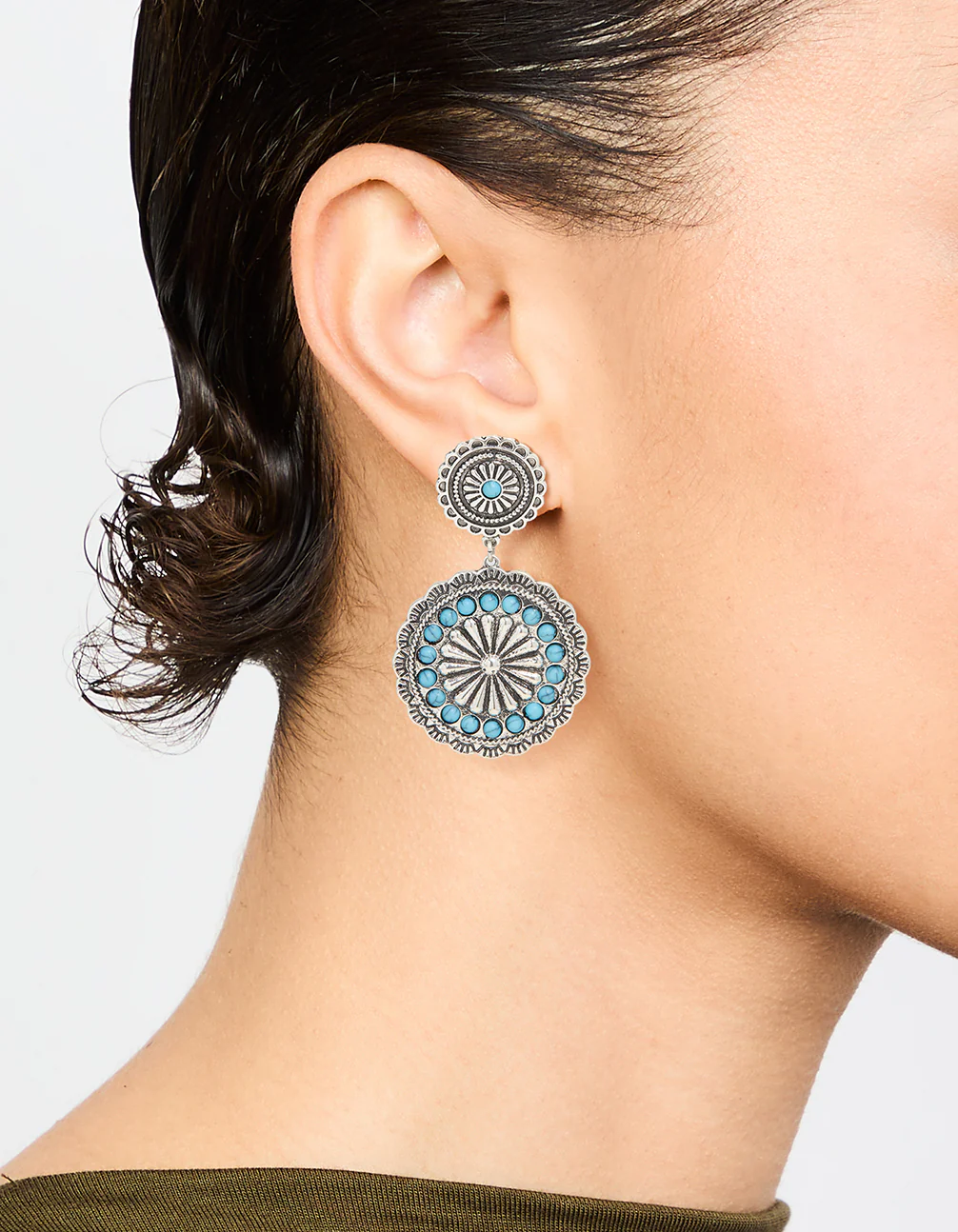 Antique Silver Turquoise Circle Drop Earrings - Image 2