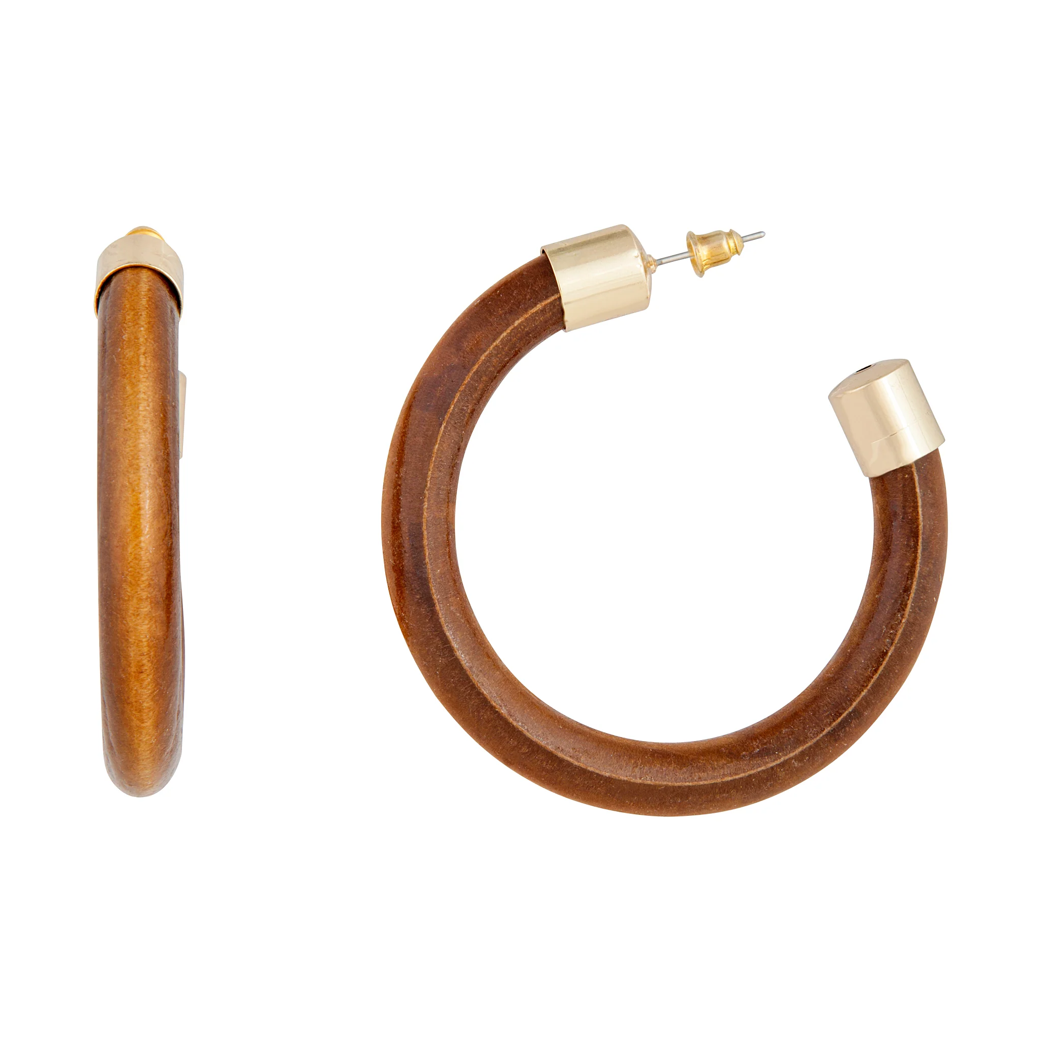 Gold Metal Cap Wooden Hoop Earrings - Image 2