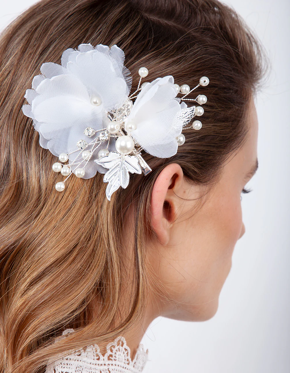 Silver White Fabric Flower Hair Clip - Image 3