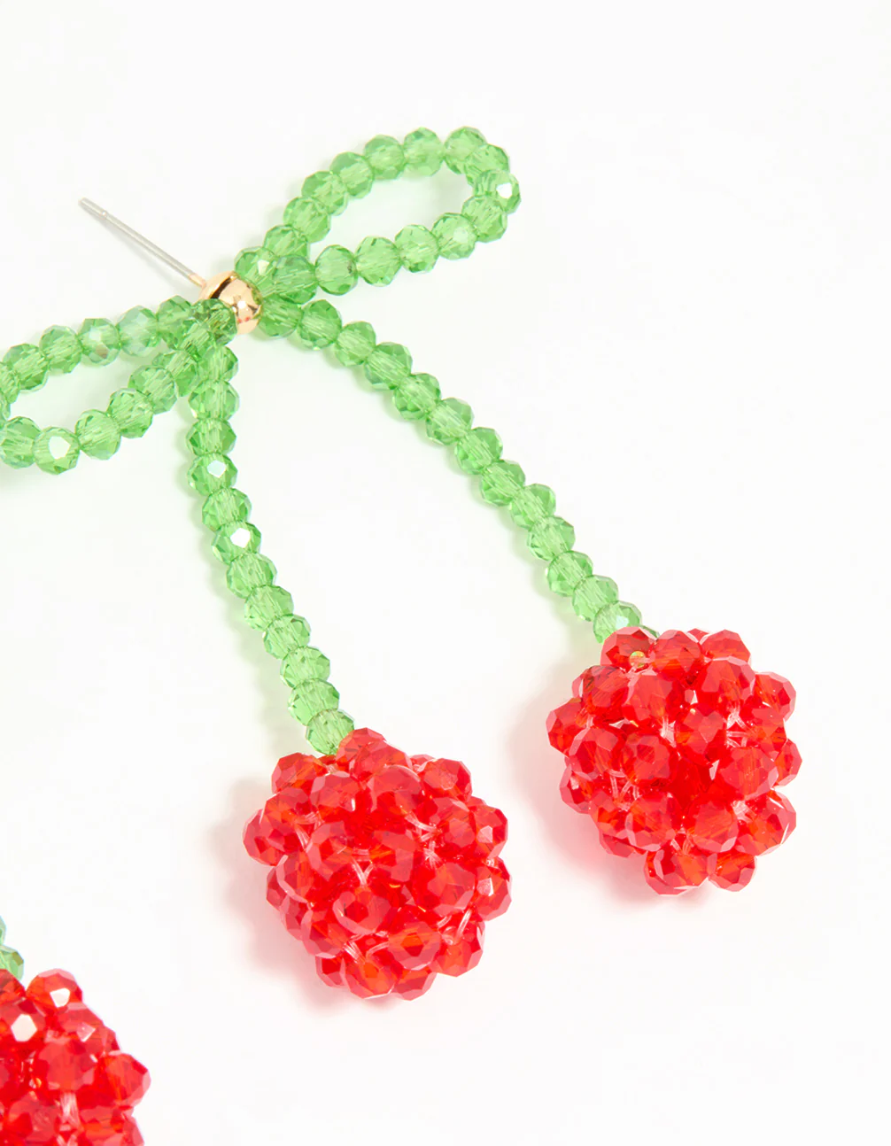 Beaded Red Cherry Bow Drop Earrings - Image 3