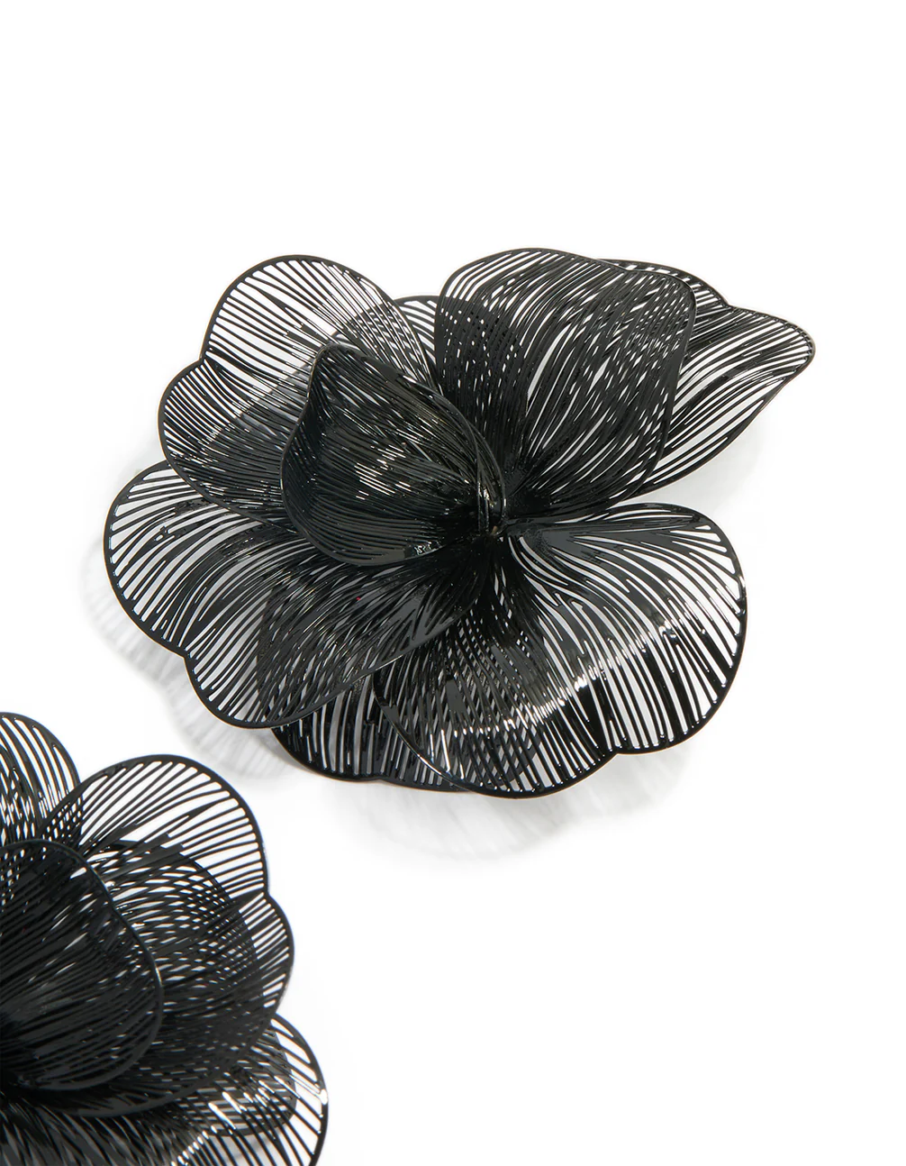 Black Coated Metal Laser Cut Full Flower Earrings - Image 3