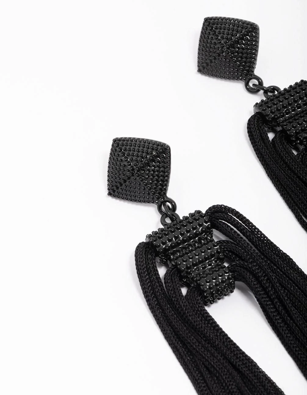 Black Fabric Rope Tassel Drop Earrings - Image 2
