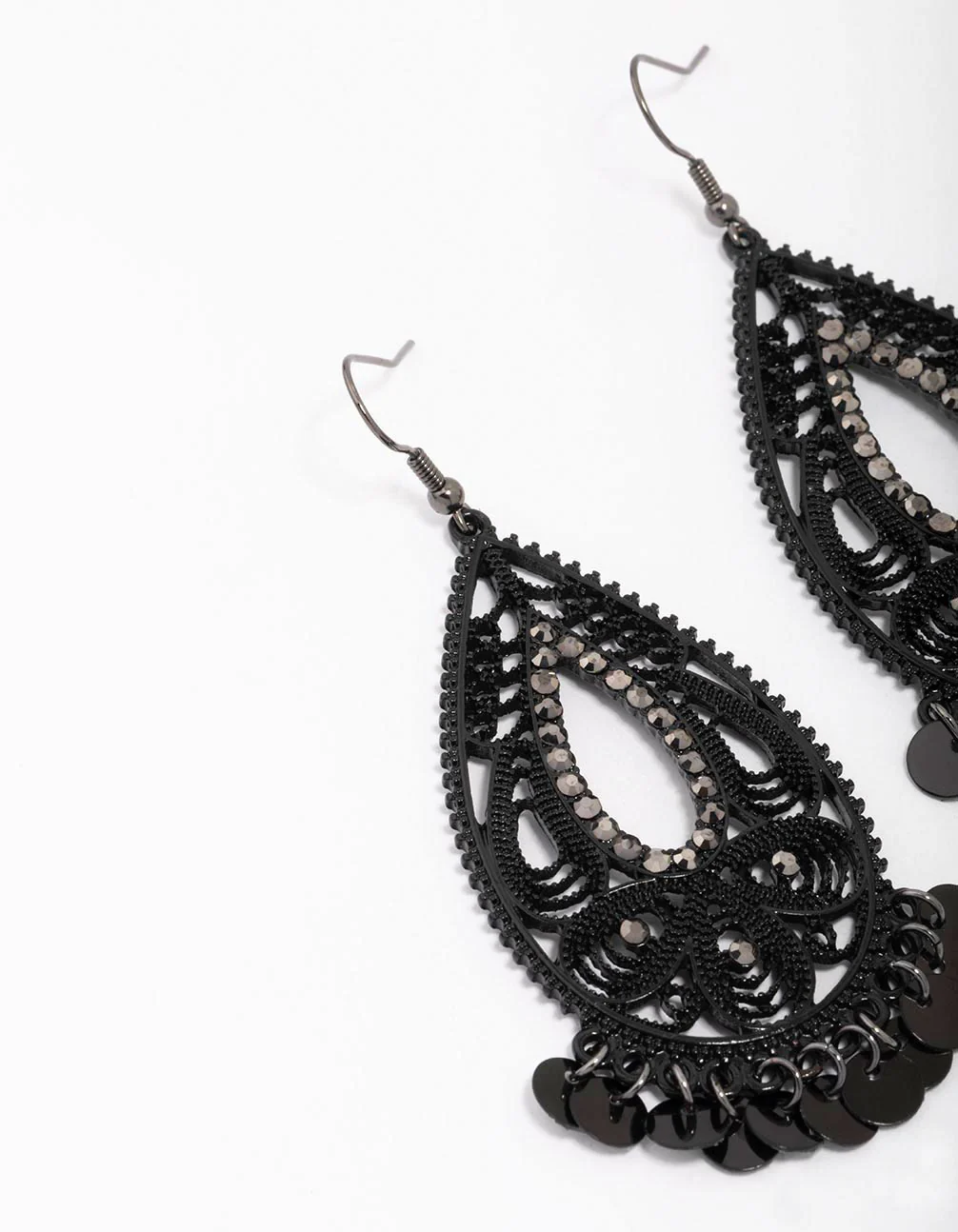 Black Teardrop Beaded Drop Earrings - Image 2