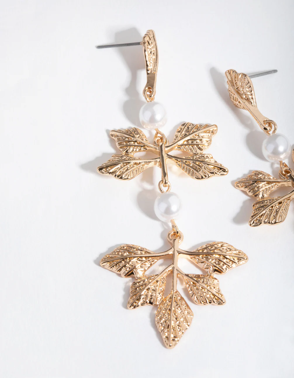 Gold Pearl Foil Leaf Drop Earrings - Image 6