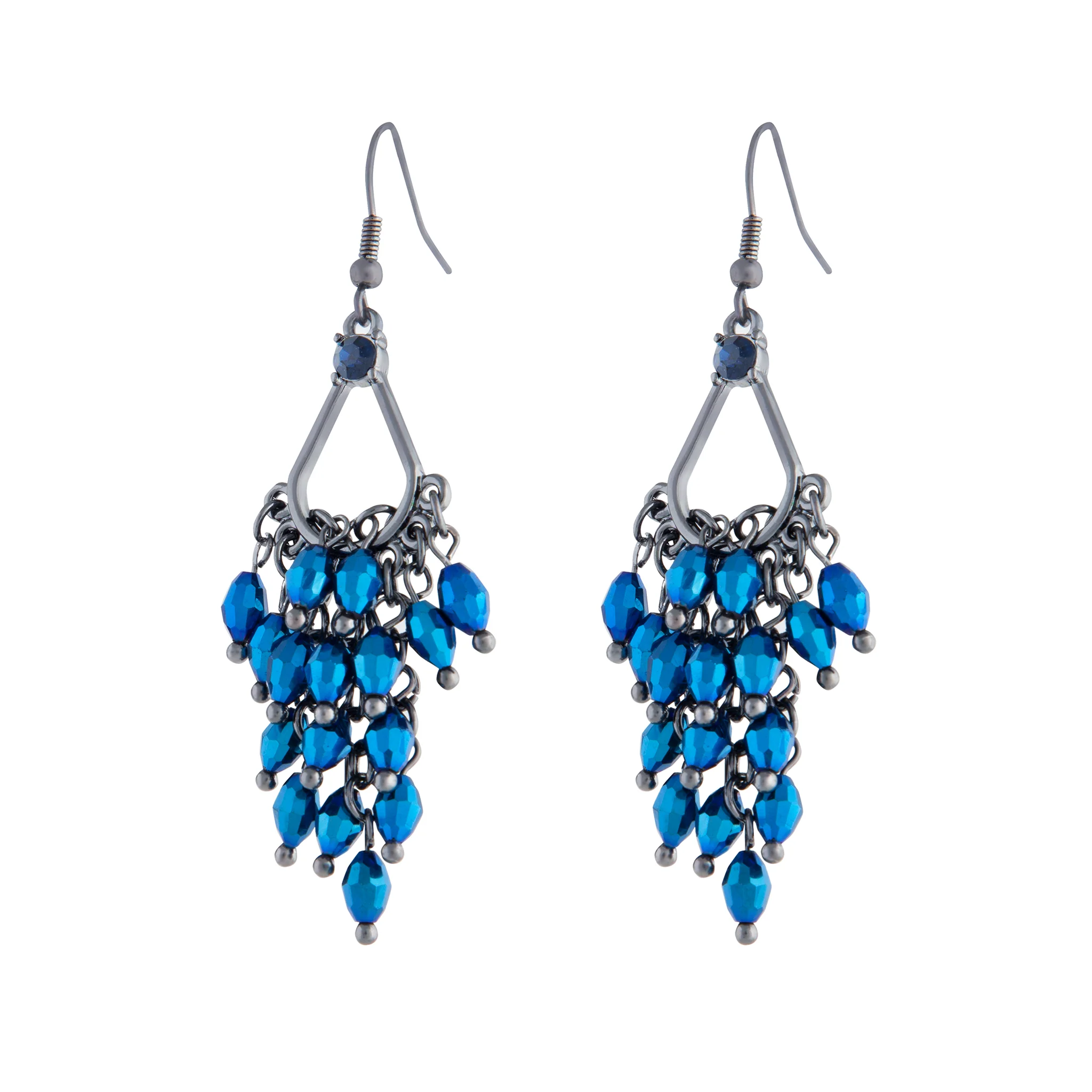 Gunmetal Midnight Blue Glass Bead Chandelier Earrings - Image 3