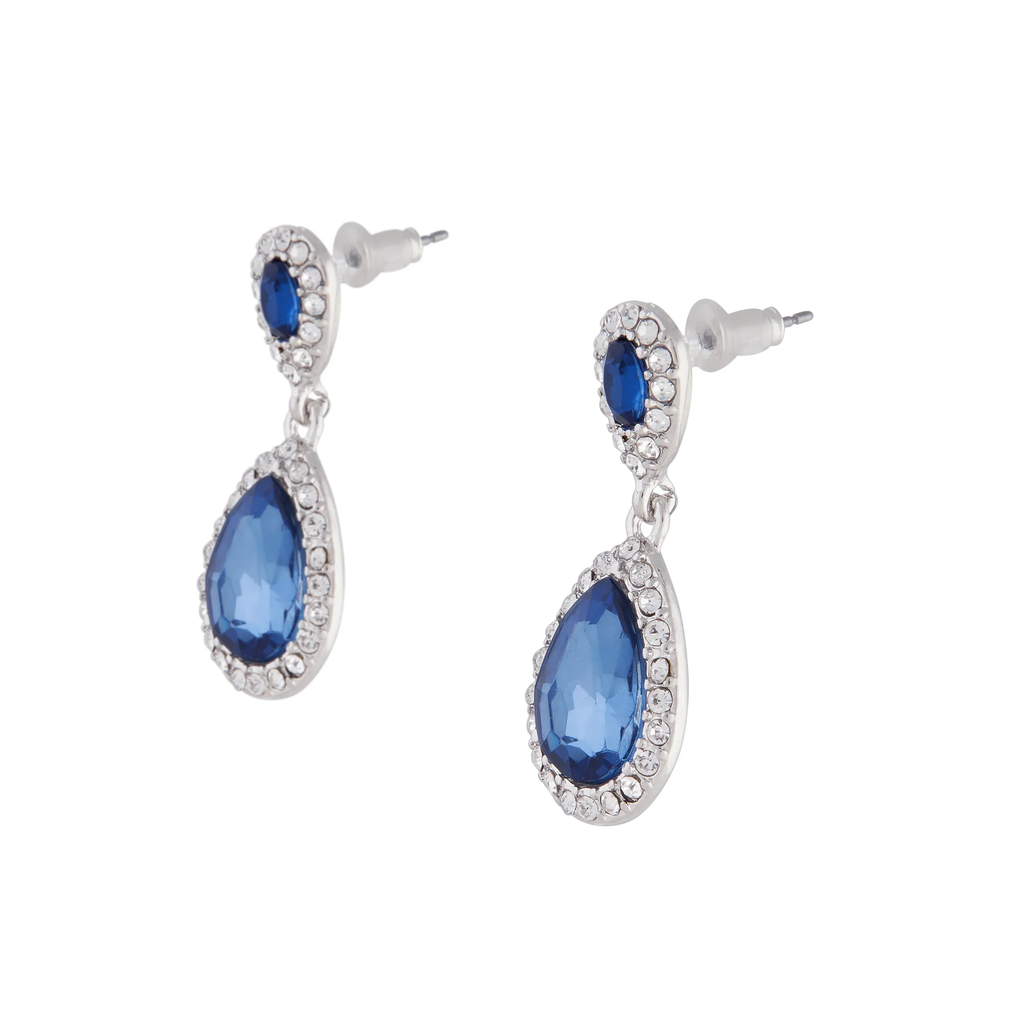 Midnight Blue Rhodium Jewel Round Drop Earrings - Image 2