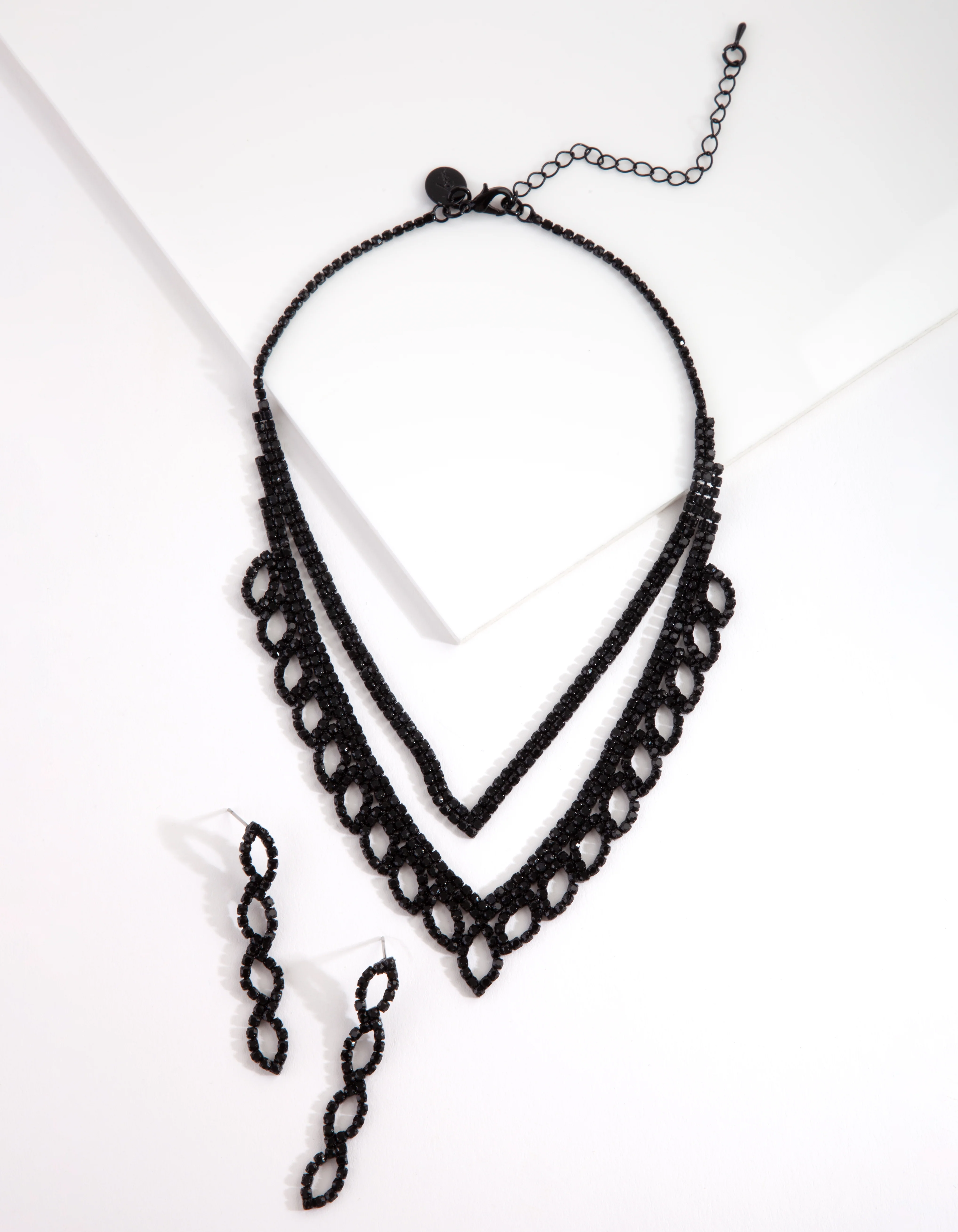 Black Diamante Leaf Necklace & Earrings Set