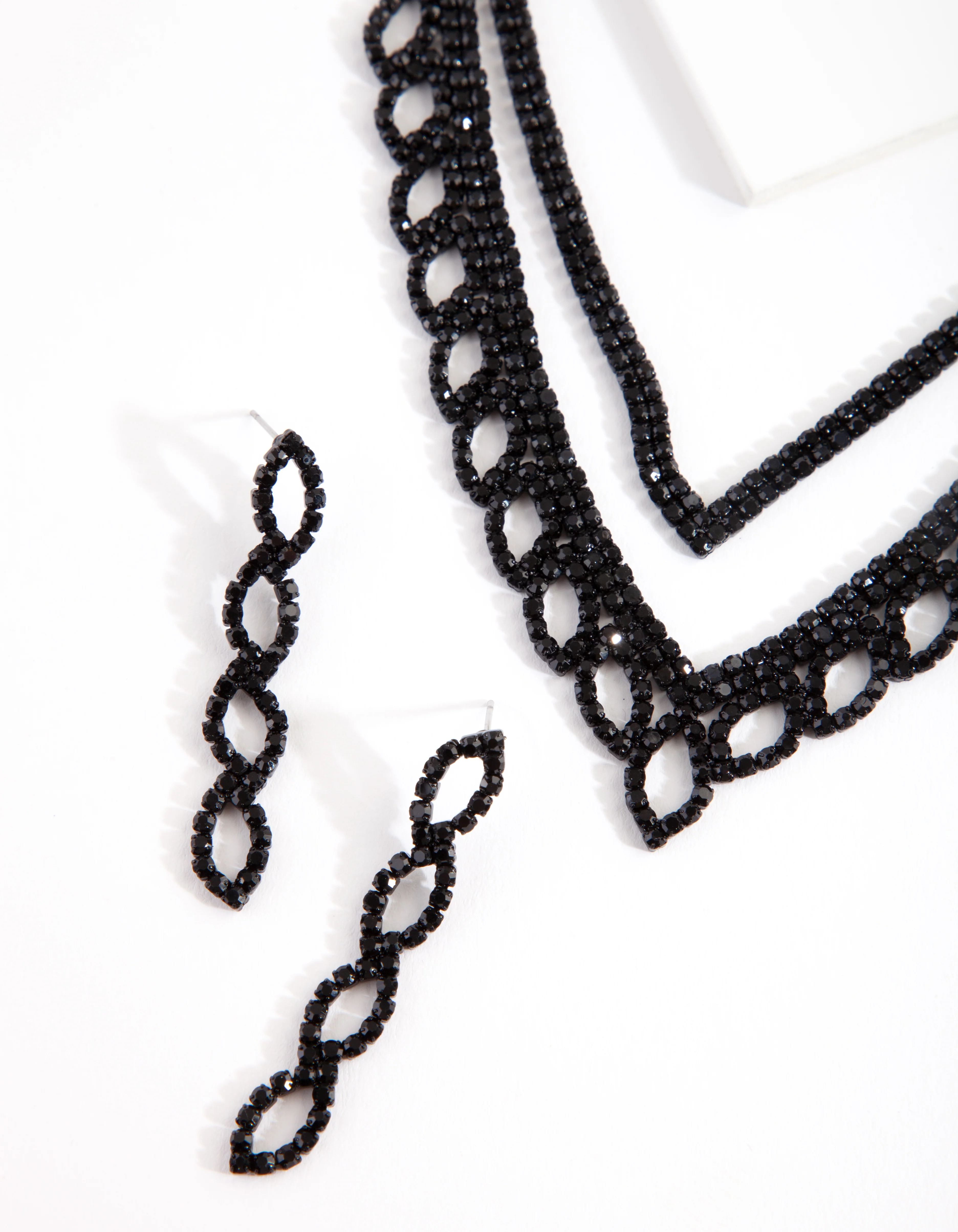 Black Diamante Leaf Necklace & Earrings Set - Image 2