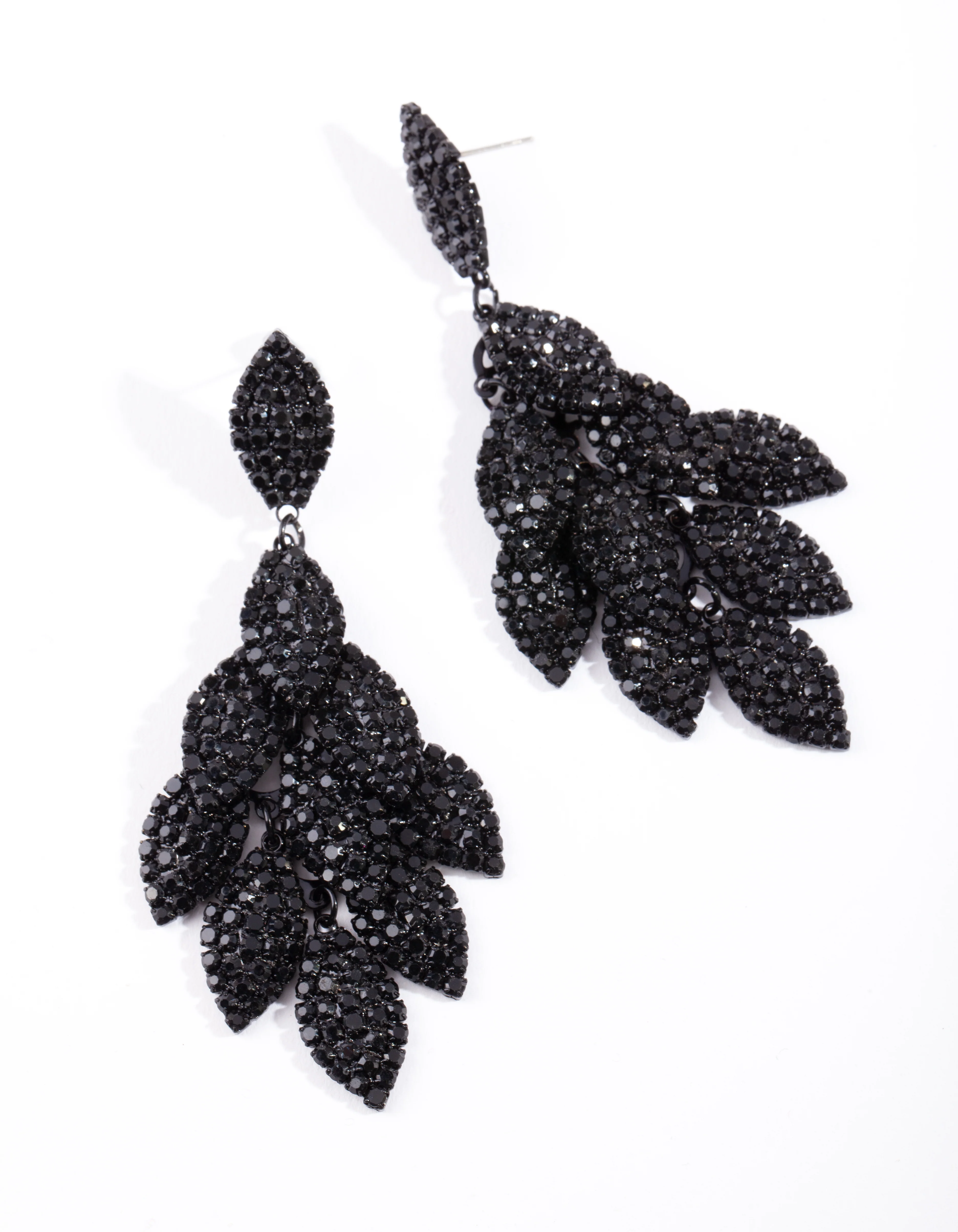 Black Coated Metal Diamante Leaf Earrings - Image 2