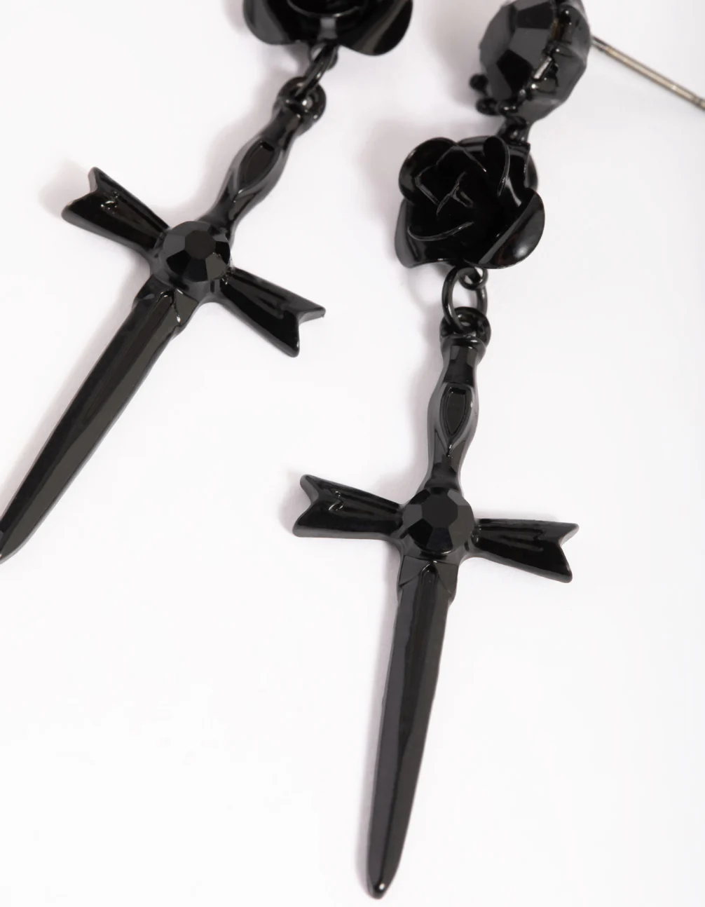 Matte Black Rose & Sword Drop Earrings - Image 5