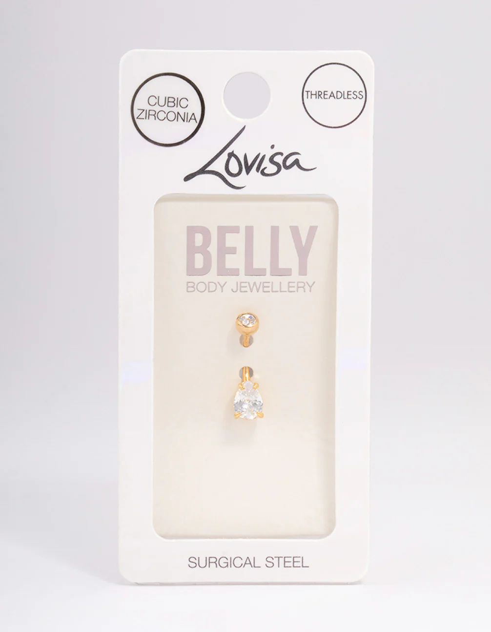 Gold Plated Surgical Steel Cubic Zirconia Pear Bezel Set Threadless Belly Bar - Image 3