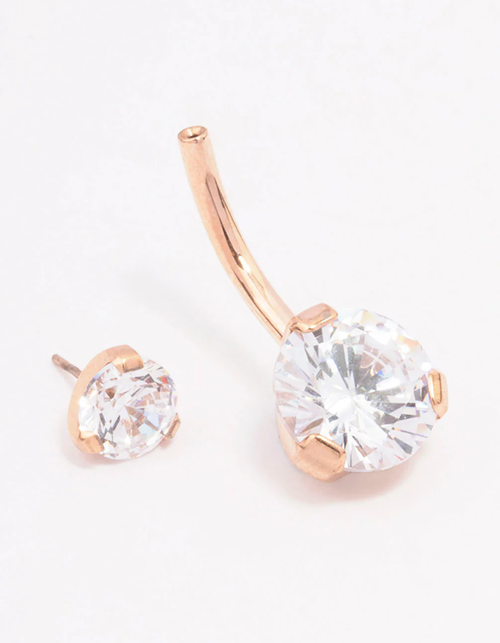 Rose Gold Plated Surgical Steel Cubic Zirconia  Double Round Threadless Belly Bar - Image 2