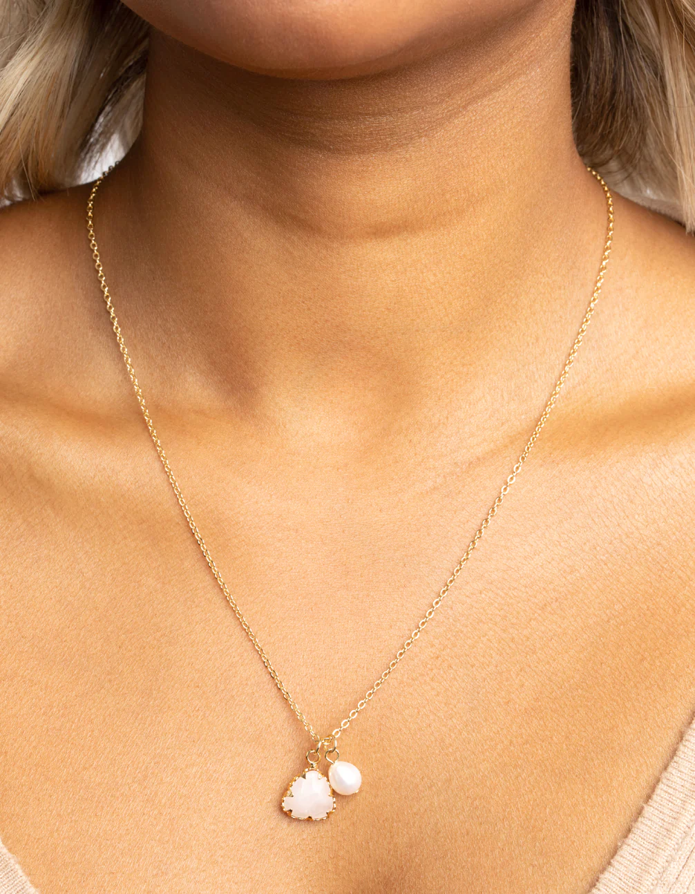 Gold Plated Freshwater Pearl & Rose Quartz Charm Necklace - Image 2