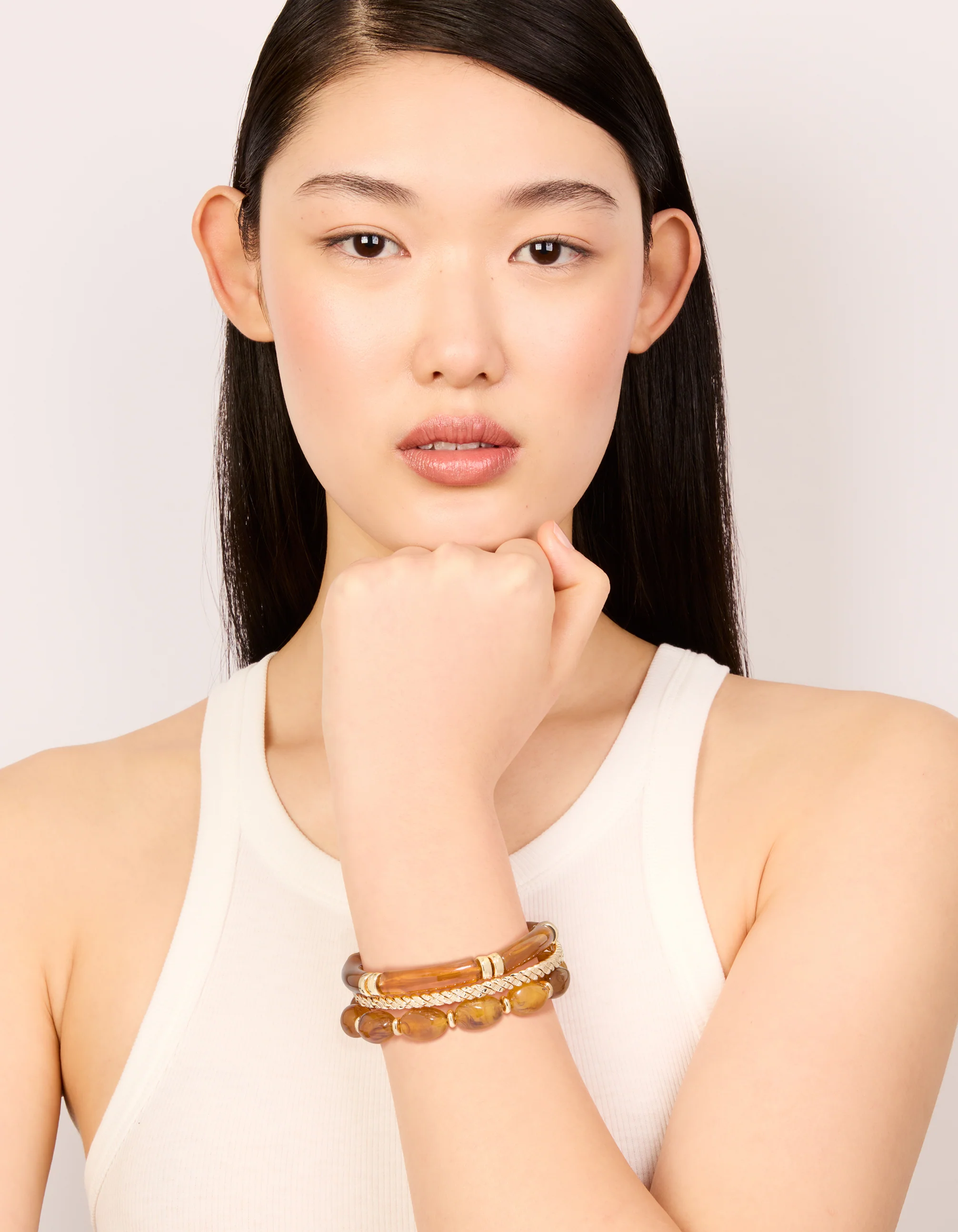 Brown Beaded Stretch Bracelets & Gold Bangles 3-Pack - Image 3