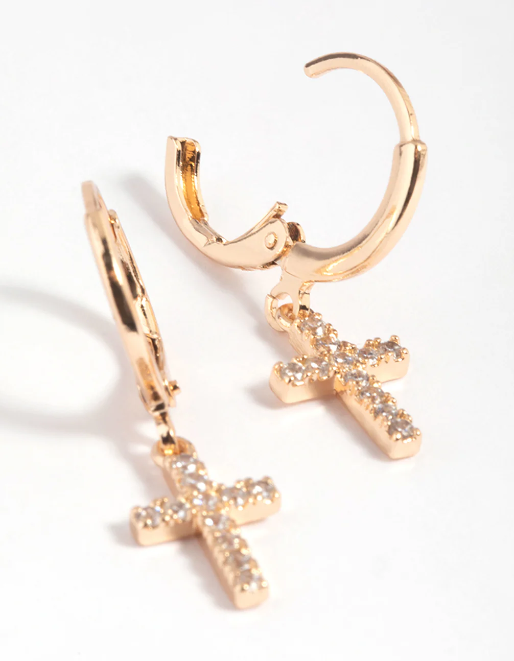 Gold Cubic Zirconia Cross Huggie Hoop Earrings - Image 4
