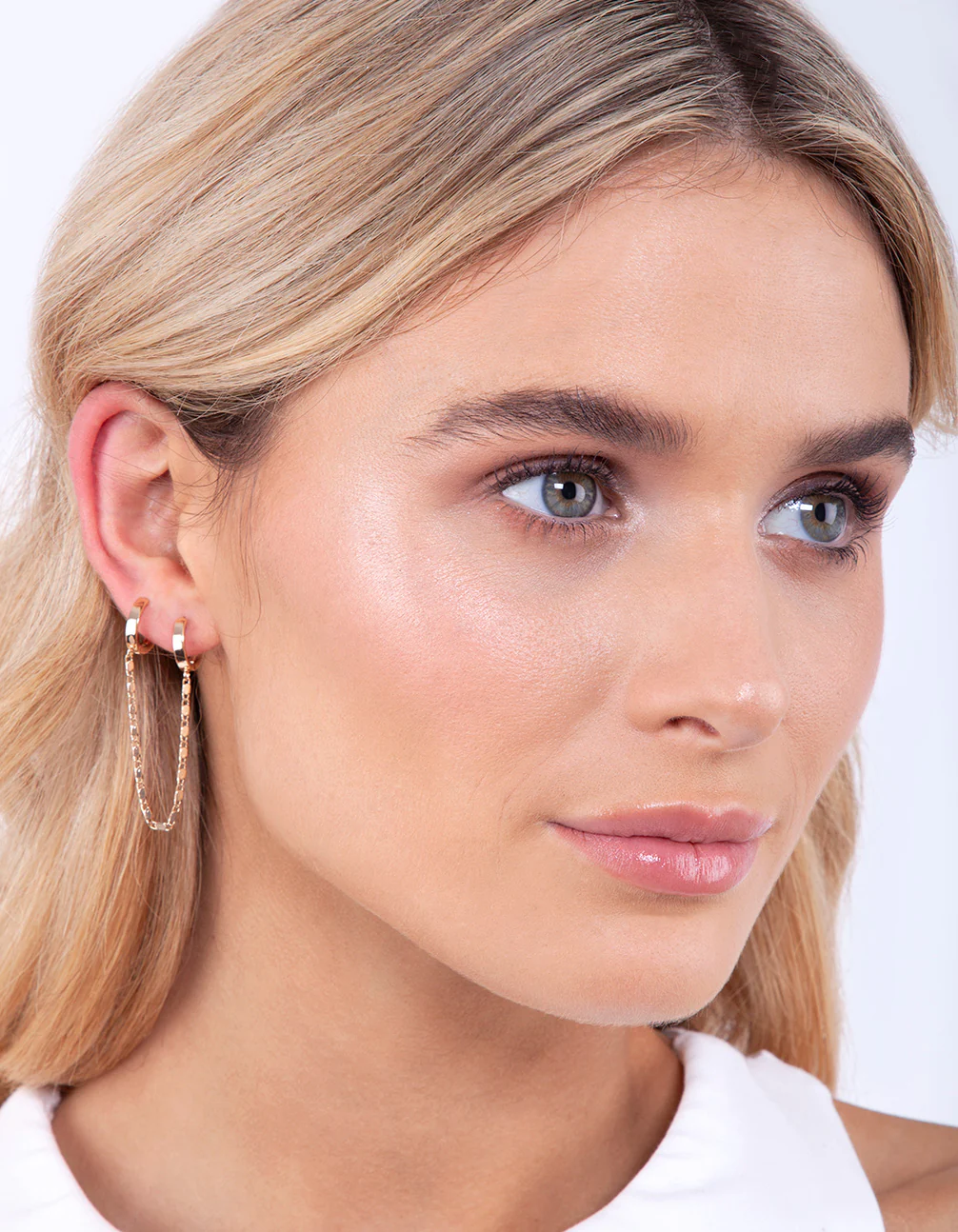 Gold Chain Double Huggie Earrings - Image 2