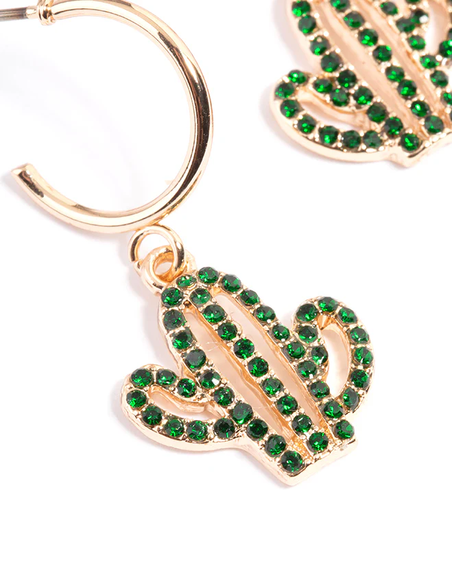 Green Diamante Cactus Huggie Earrings - Image 2
