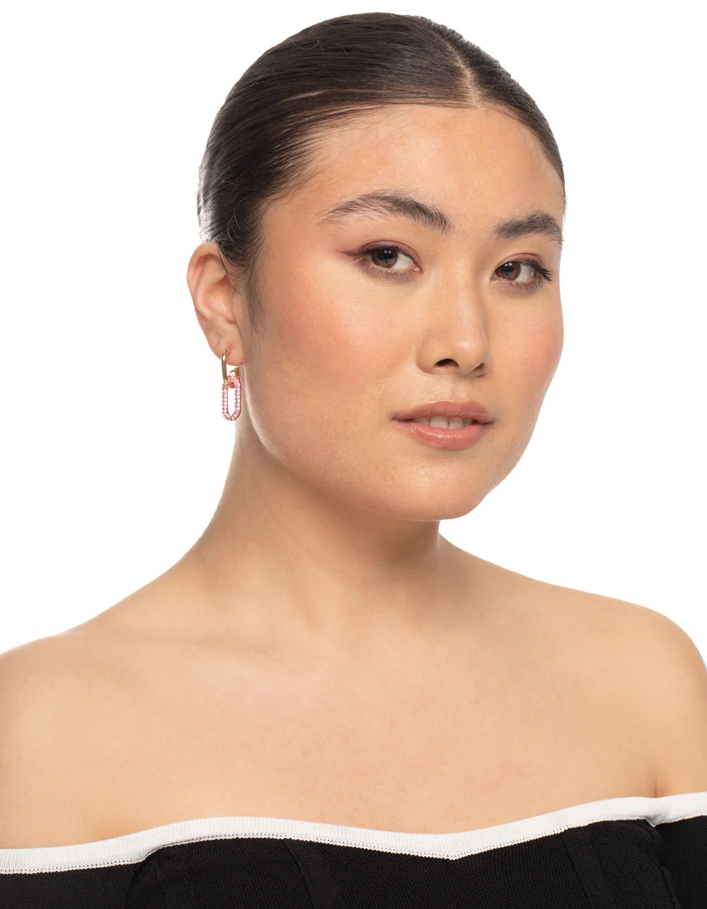 Gold Pink Link Drop Hoop Earrings - Image 3