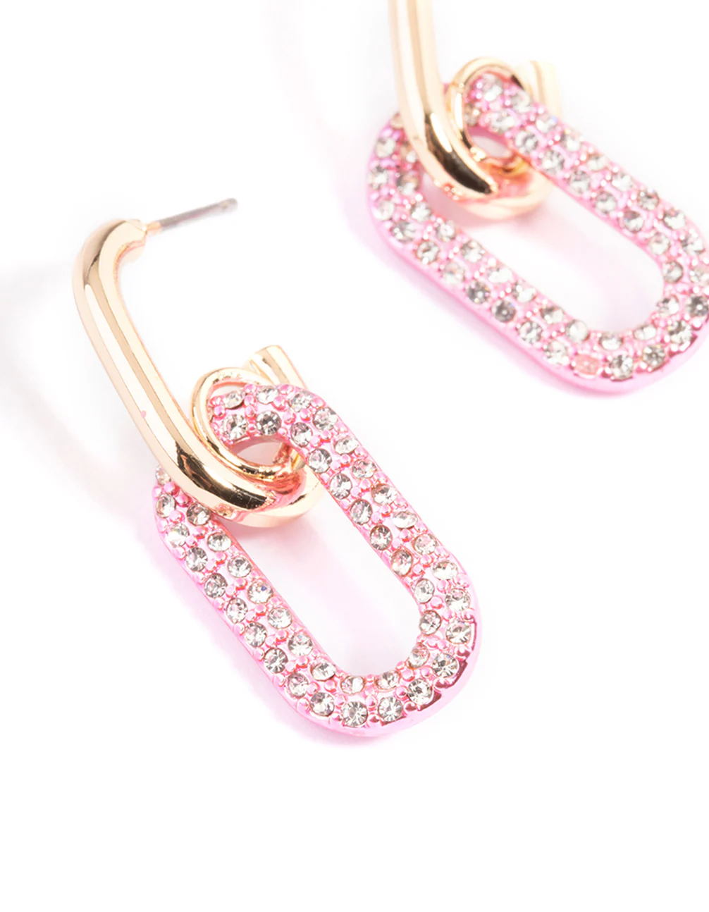 Gold Pink Link Drop Hoop Earrings - Image 4