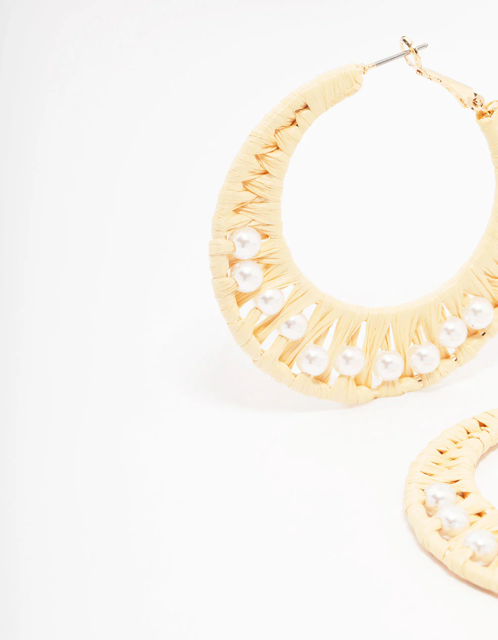 Cream Woven Raffia Fabric Hoop Earrings - Image 2