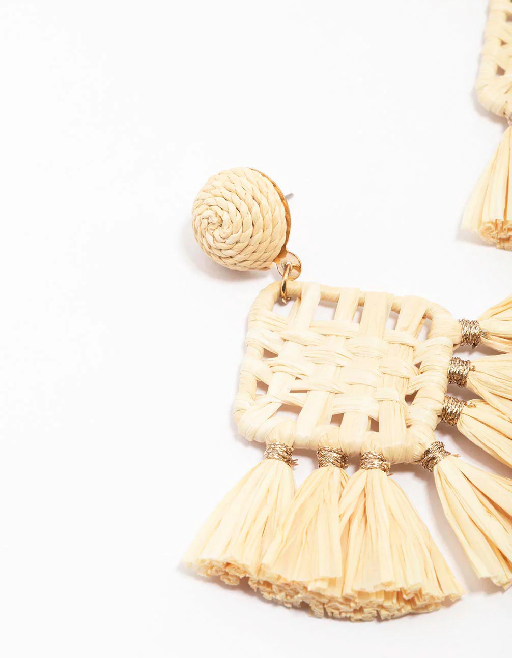 Cream Woven Square Tassel Drop Earrings - Image 2