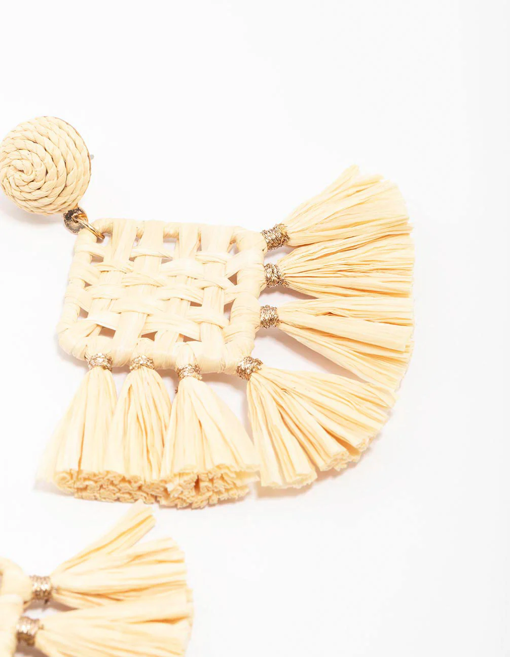 Cream Woven Square Tassel Drop Earrings - Image 3
