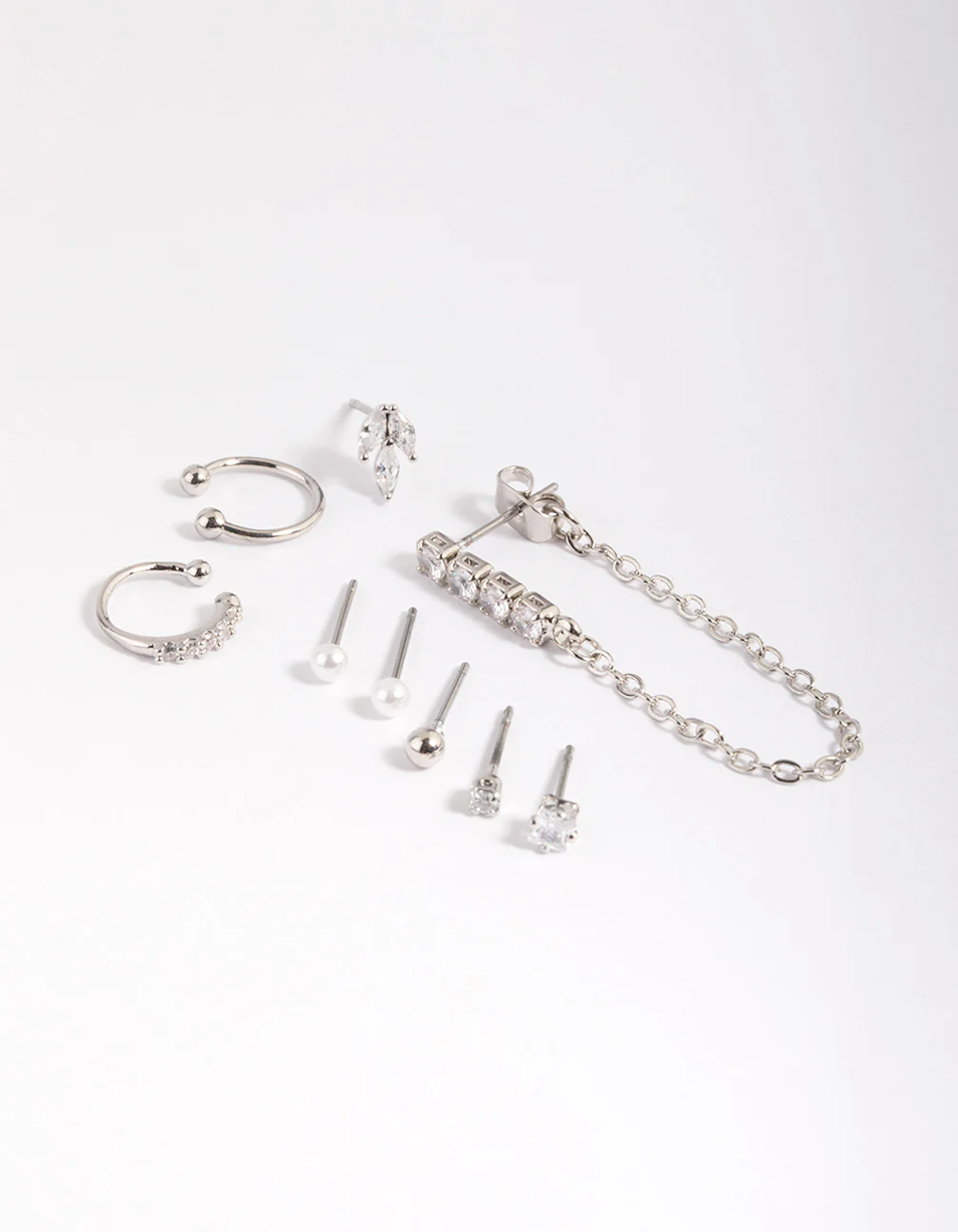 Silver Cubic Zirconia Chain & Pearl Stud Earring 9-Pack
