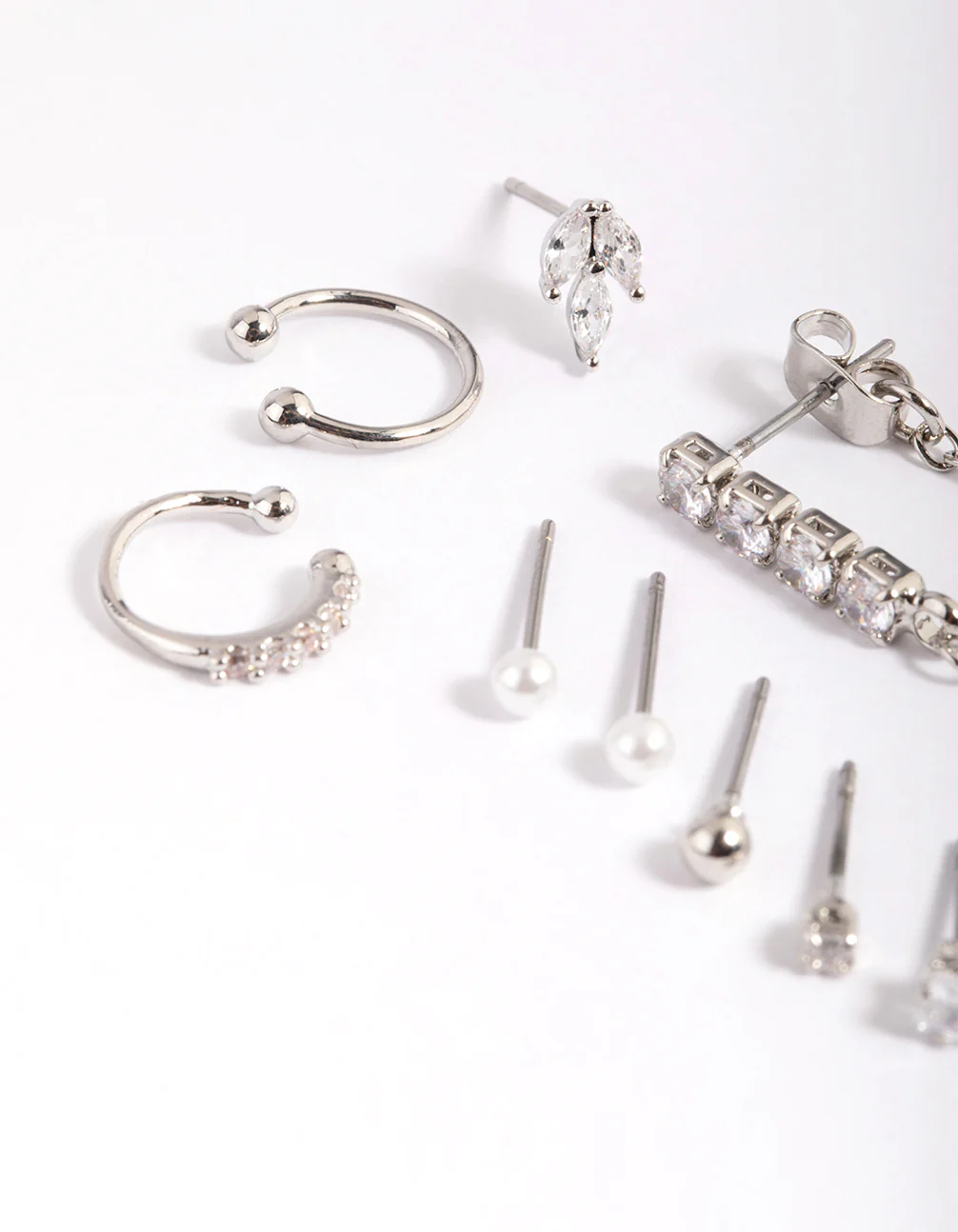 Silver Cubic Zirconia Chain & Pearl Stud Earring 9-Pack - Image 3