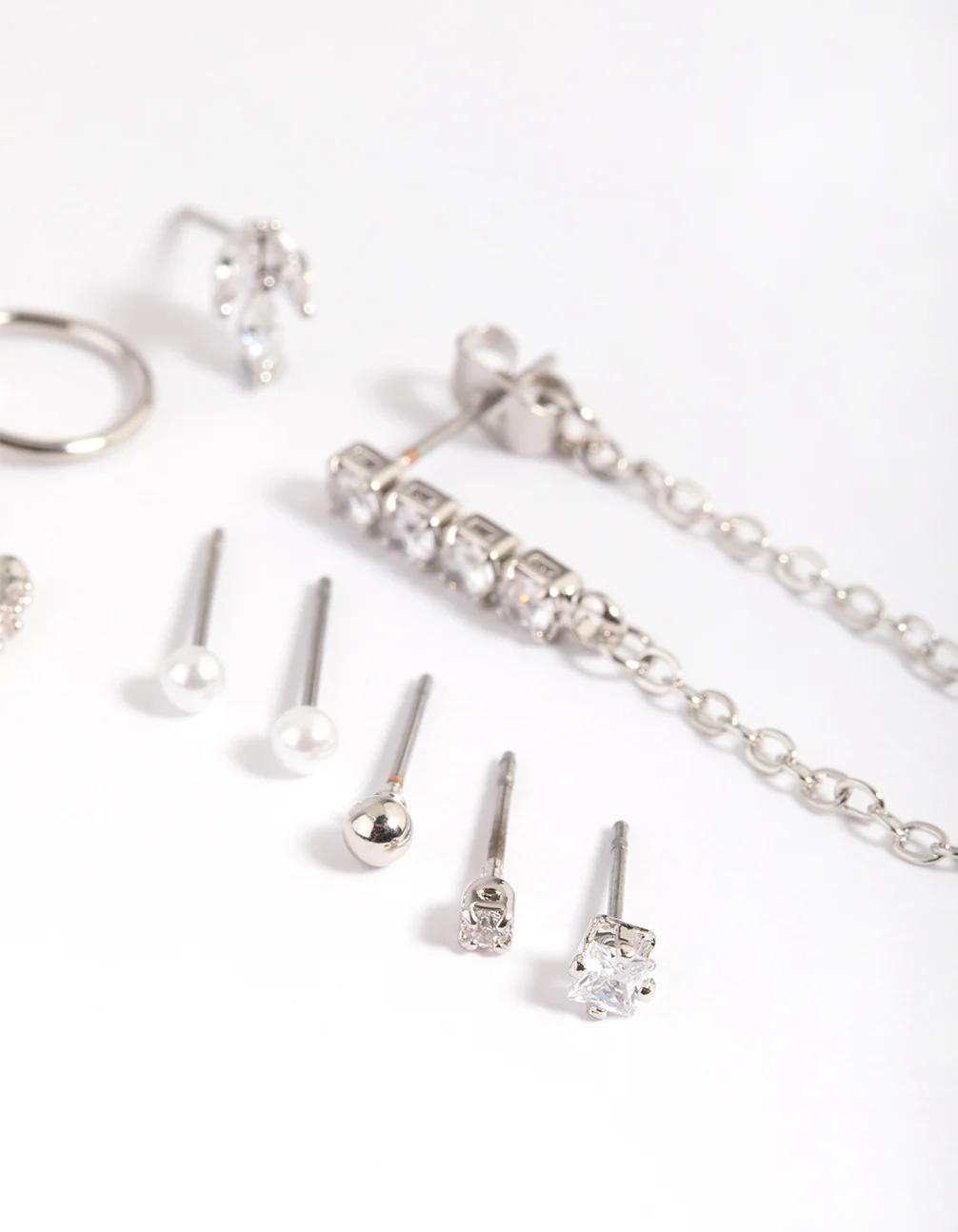 Silver Cubic Zirconia Chain & Pearl Stud Earring 9-Pack - Image 4