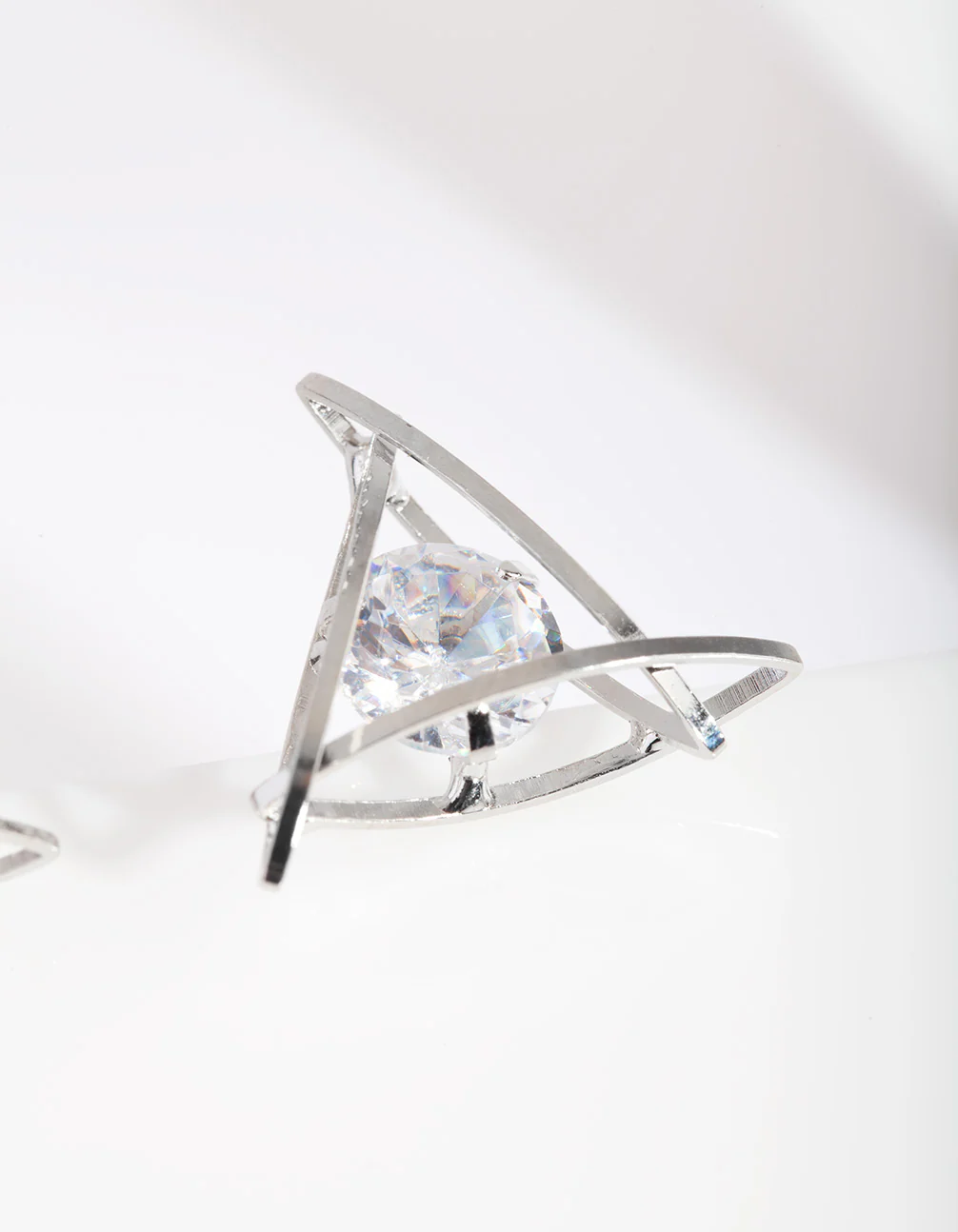 Rhodium Cubic Zirconia Trapped Triangle Earrings - Image 2
