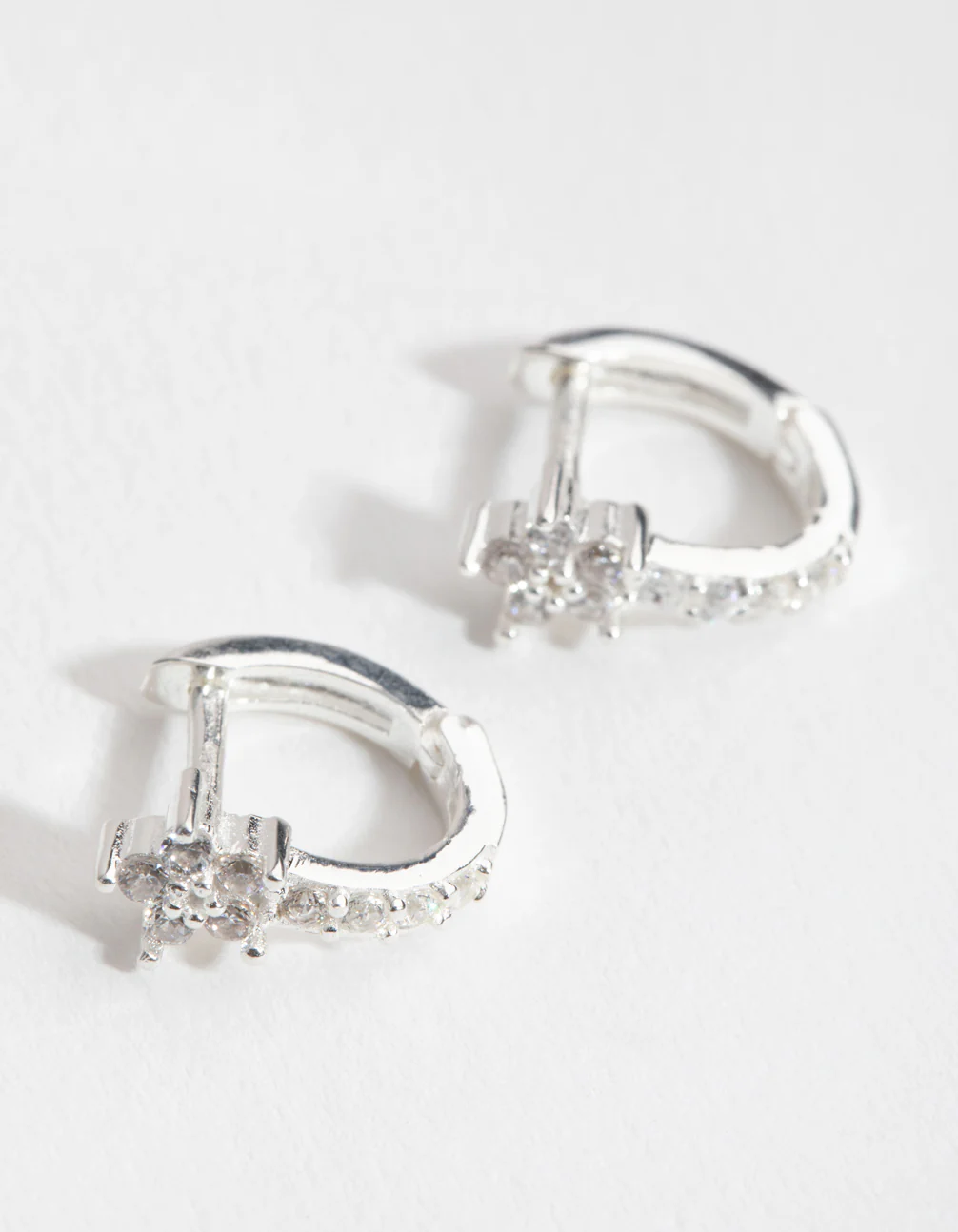 Sterling Silver Cubic Zirconia Flower Huggie Earrings - Image 3