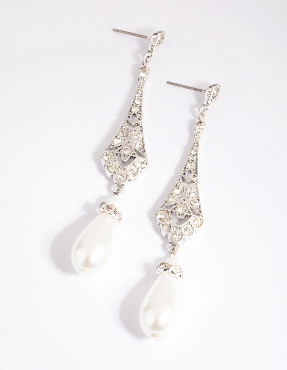 Antique Silver Diamante & Pearl Drop Earrings