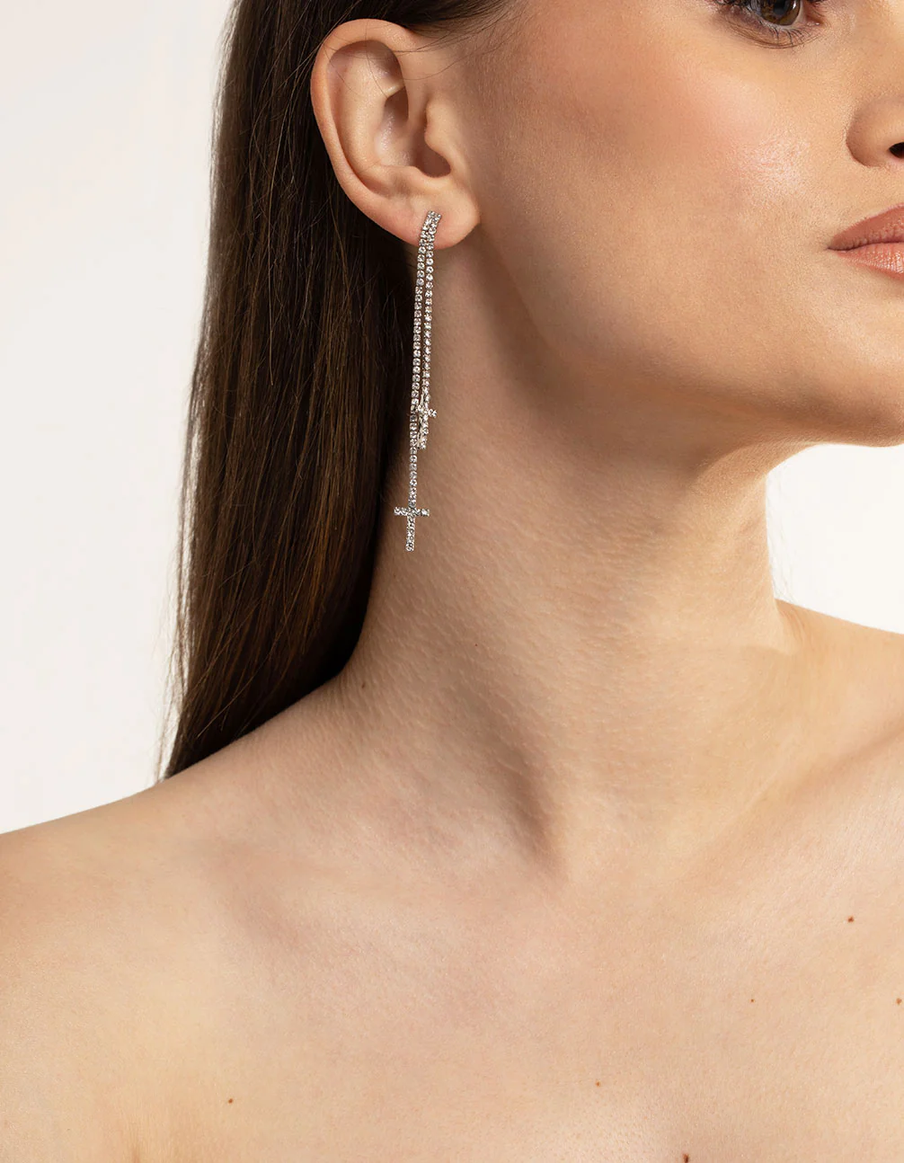 Silver Double Cross Stone Drop Earrings - Image 2