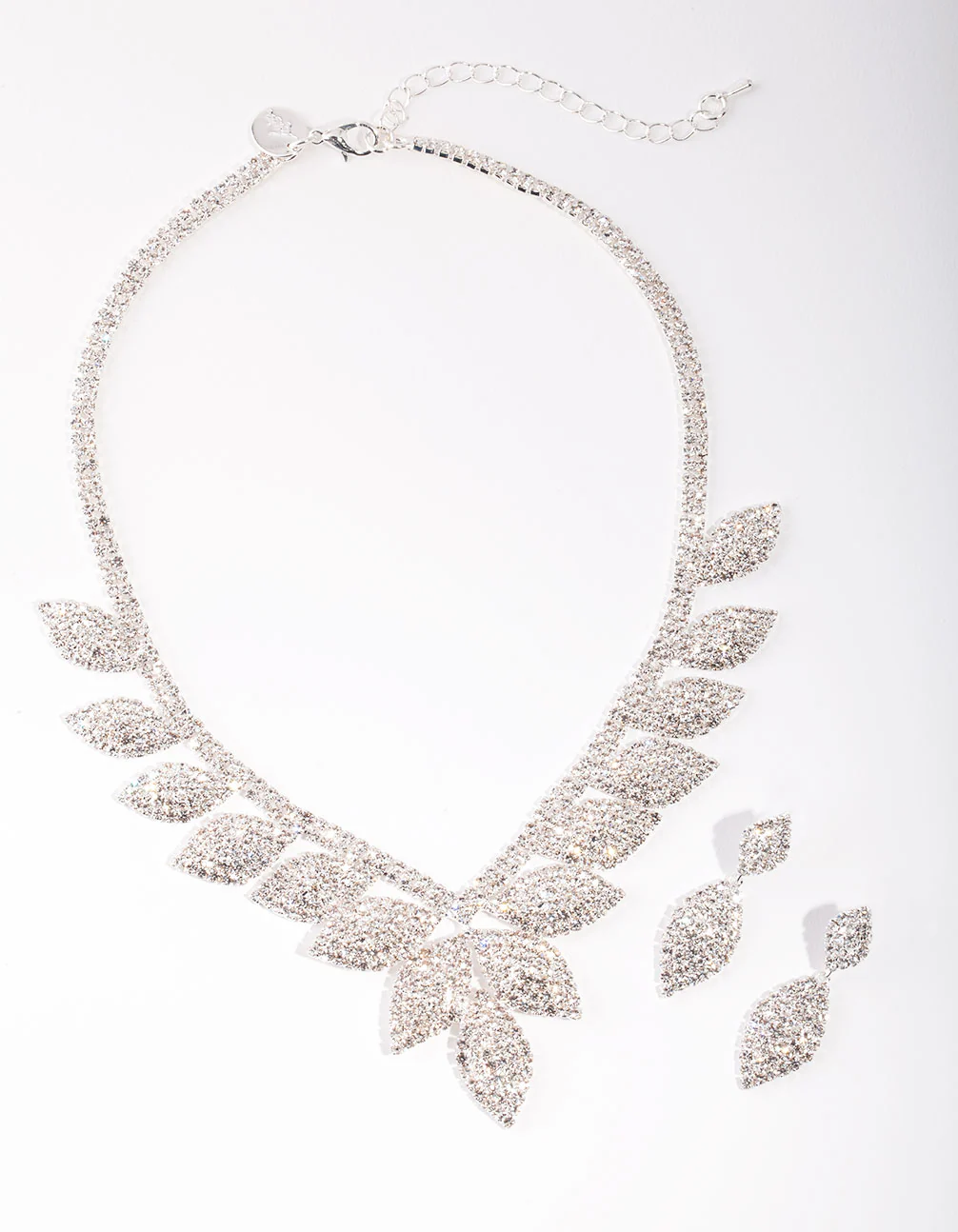 Silver Single Leaf Diamante Earrings & Necklace Set - Image 2