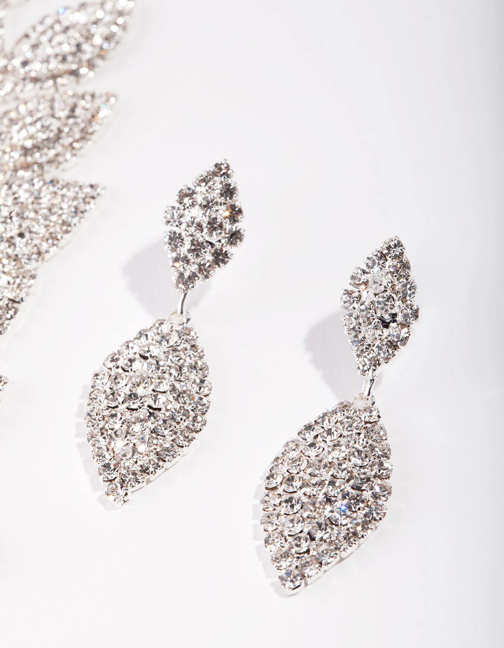 Silver Single Leaf Diamante Earrings & Necklace Set - Image 3