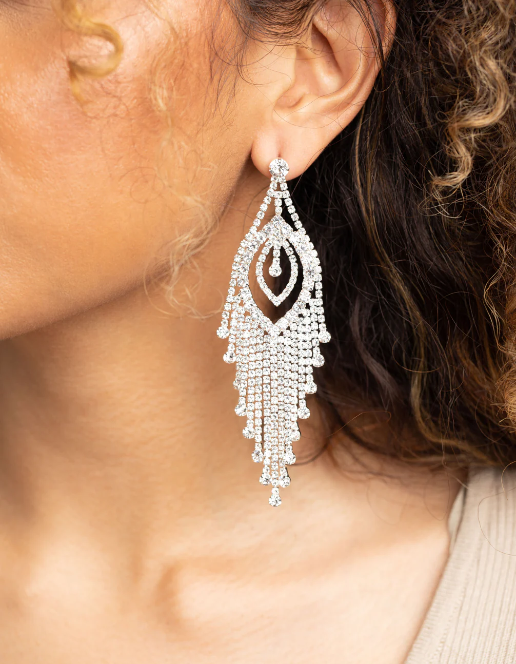 Silver Diamante Tassel Statement Earrings - Image 2
