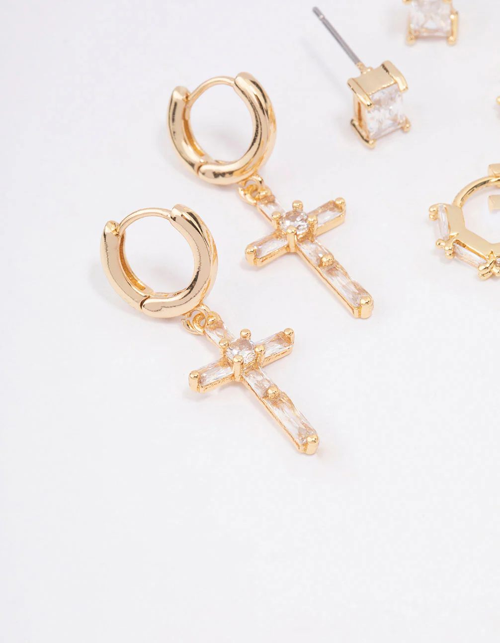 Gold Plated Cubic Zirconia Baguette Cross Earrings 3-Pack - Image 2