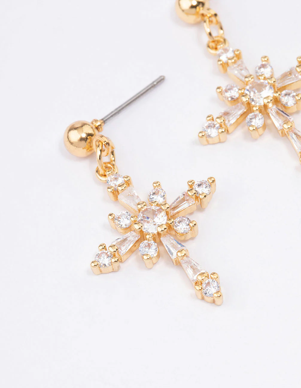Gold Plated Cubic Zirconia Ornate Cross Drop Earrings - Image 2