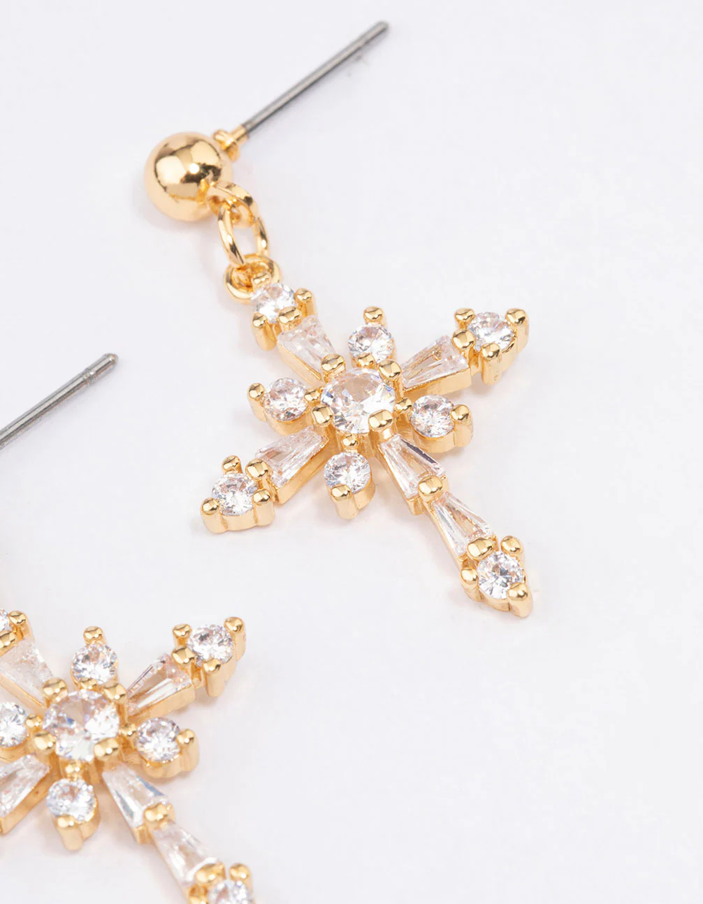 Gold Plated Cubic Zirconia Ornate Cross Drop Earrings - Image 3