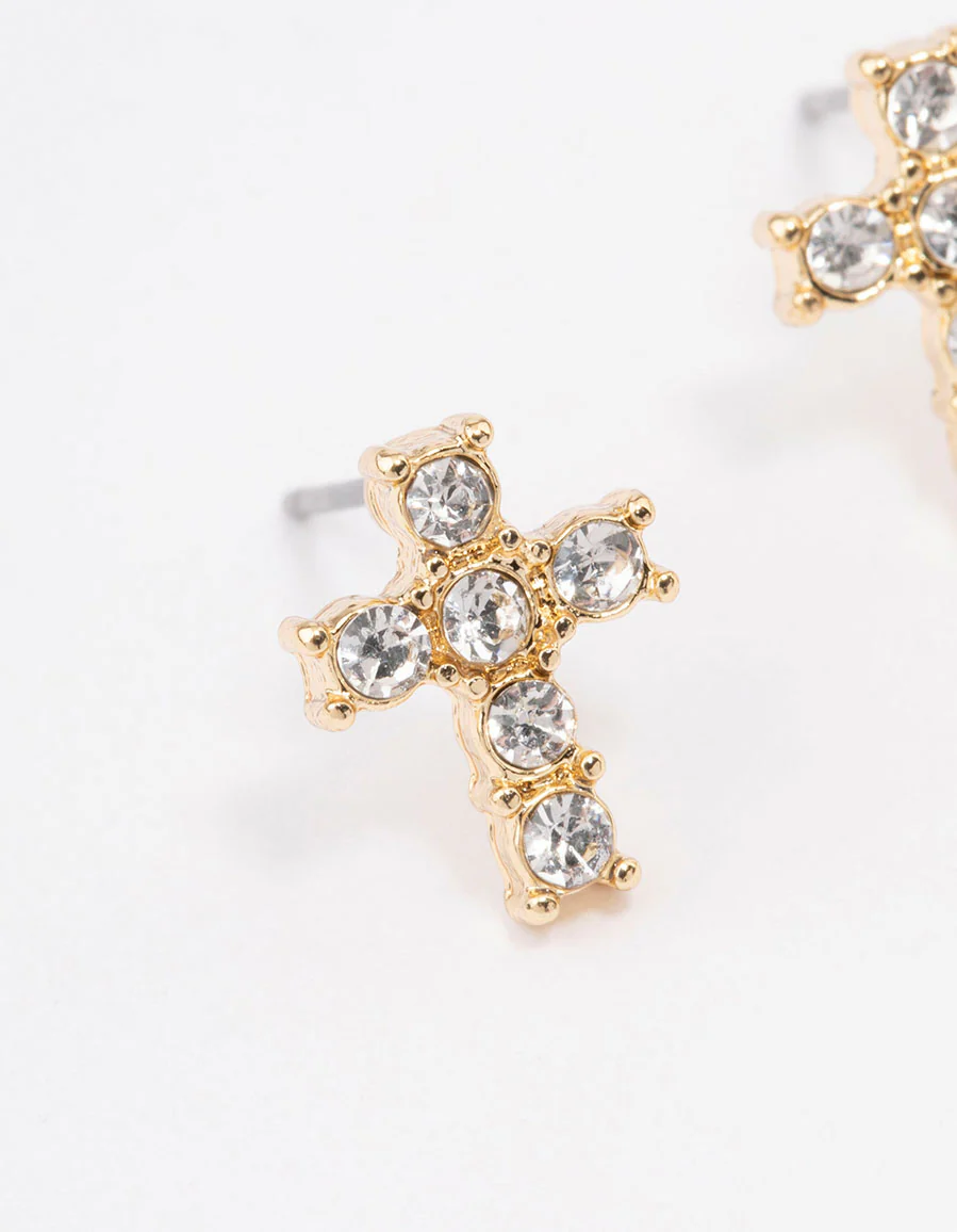 Gold Plated Diamante Cross Stud Earrings - Image 2