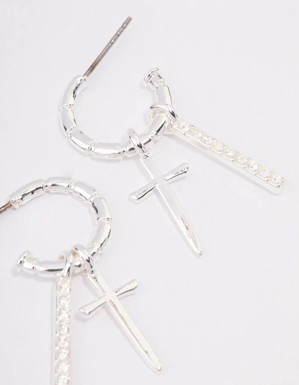 Silver Plated Cross Diamante Bar Hoop Earrings - Image 3