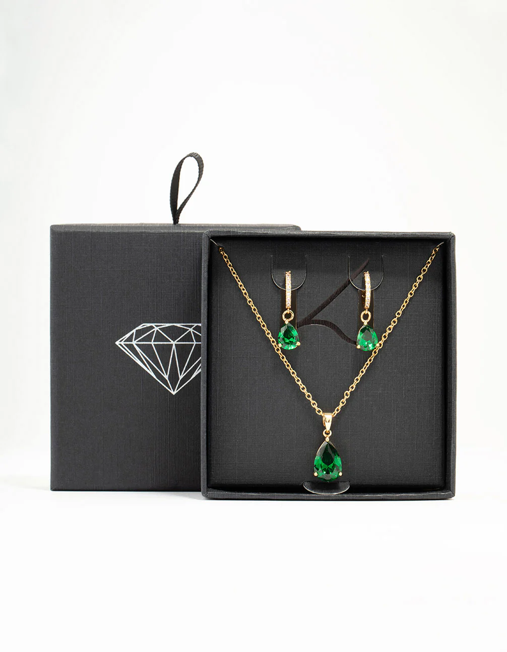 Gold Plated Emerald Teardrop Diamante Drop Necklace & Earrings Set - Image 3